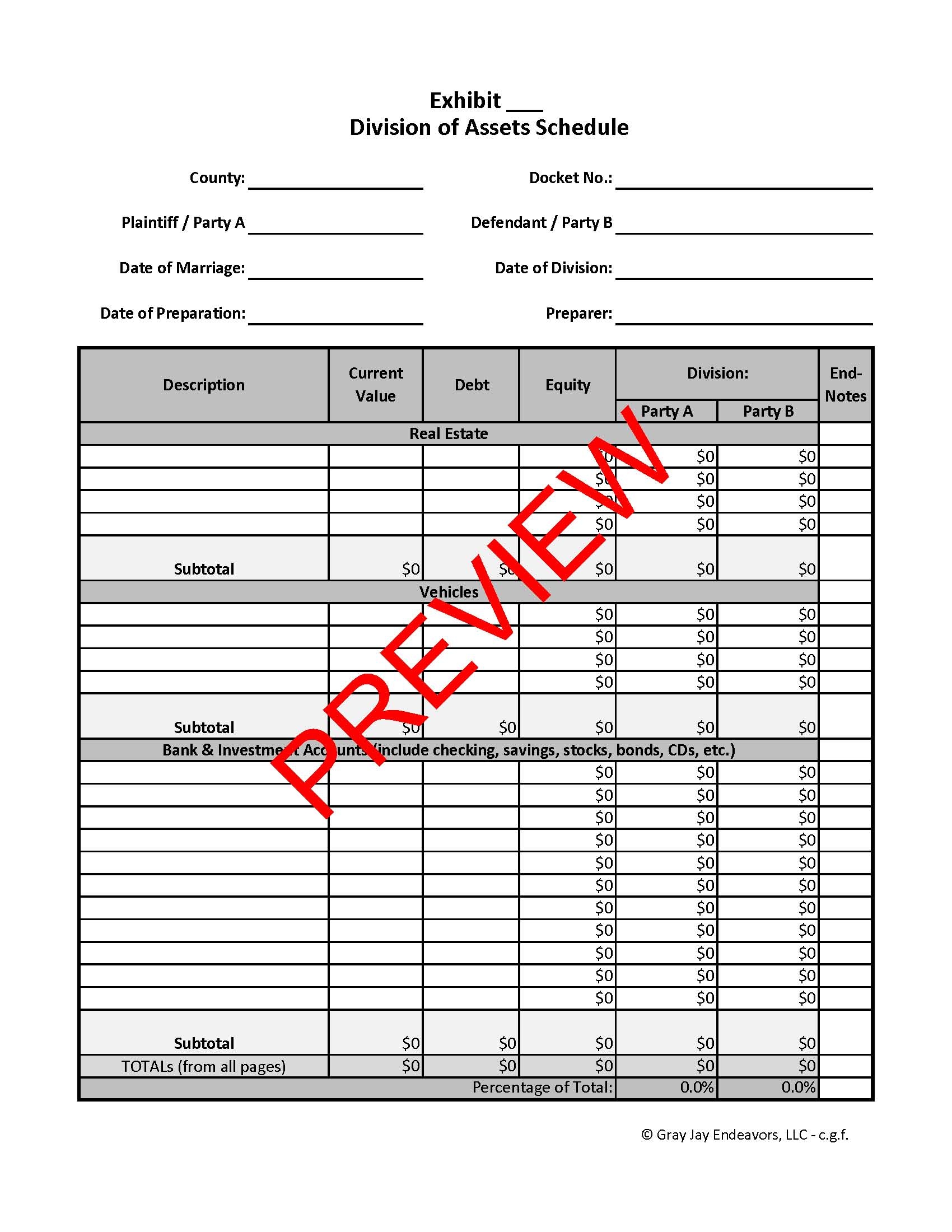 Division Of Assets Spreadsheet Gray Jay Endeavors LLC
