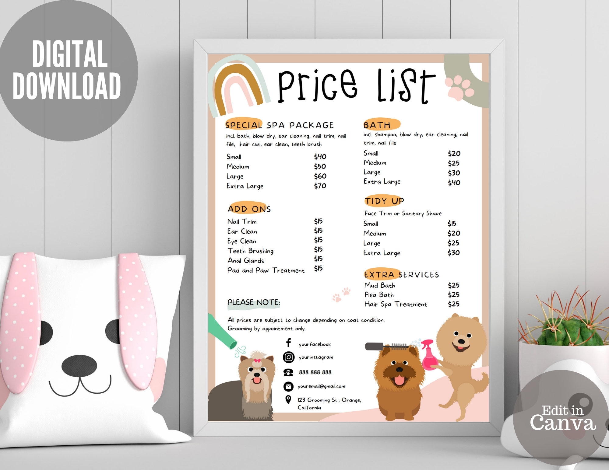 Dog Grooming Price List For Pet Groomer Price List Template Printable Groomer Sign Editable Pet Spa Price List For Pet Salon Etsy