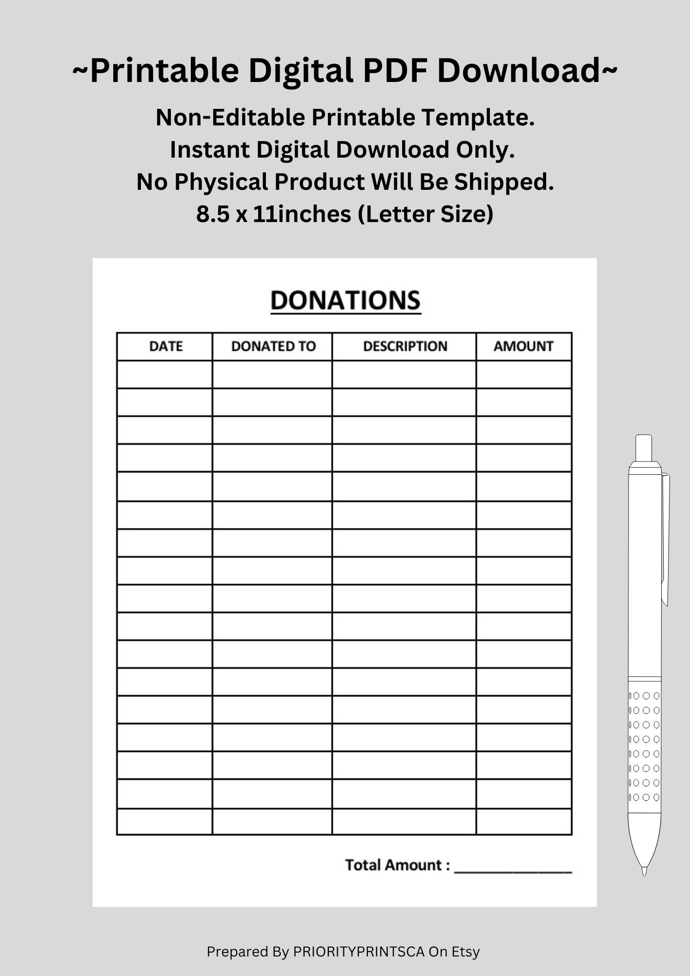 Donation Form Donation Tracker Donation Log Donation Sheet Financial Tracker Printable US Letter Size Digital Download