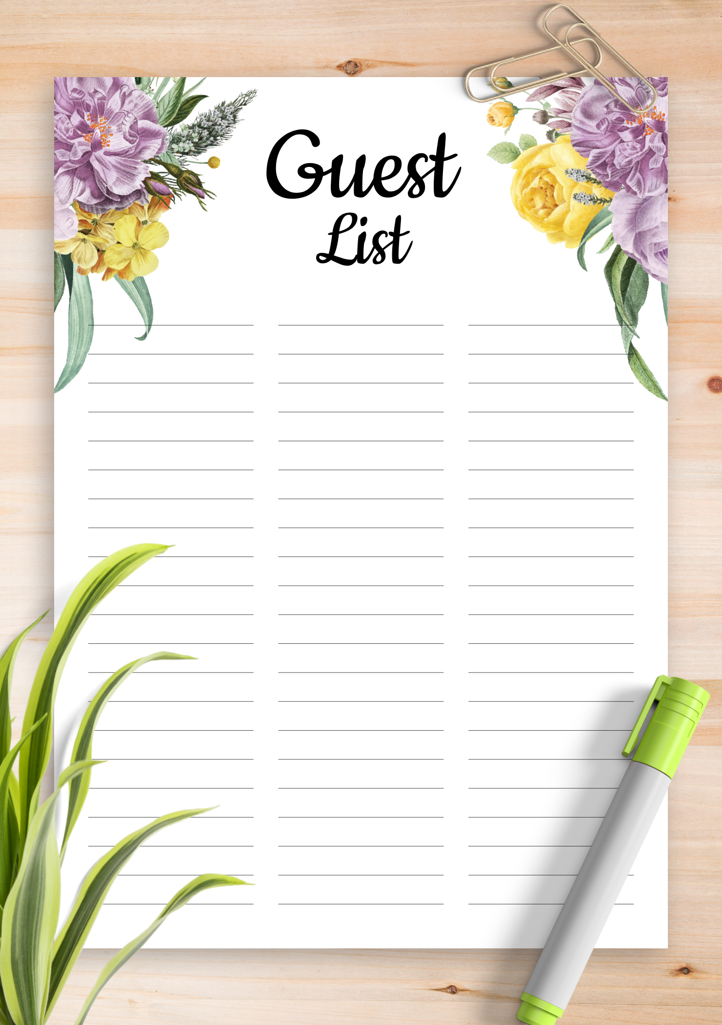 Download Printable Floral Guest List PDF