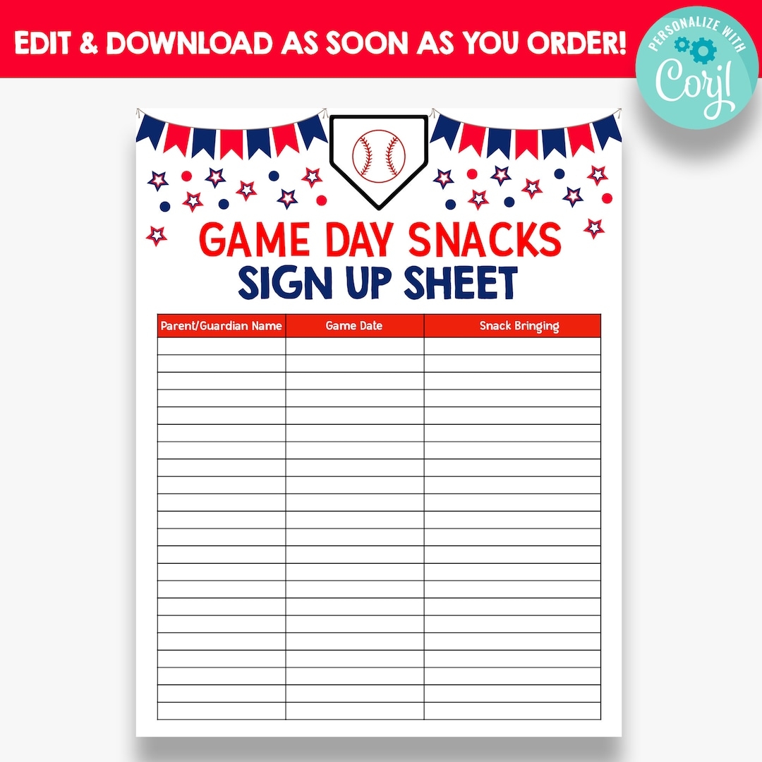 EDITABLE Baseball Snack Sign Up Sheet Game Day Snacks Sign Up Printable Baseball Volunteer Form Snack Sign Up Sheet Etsy