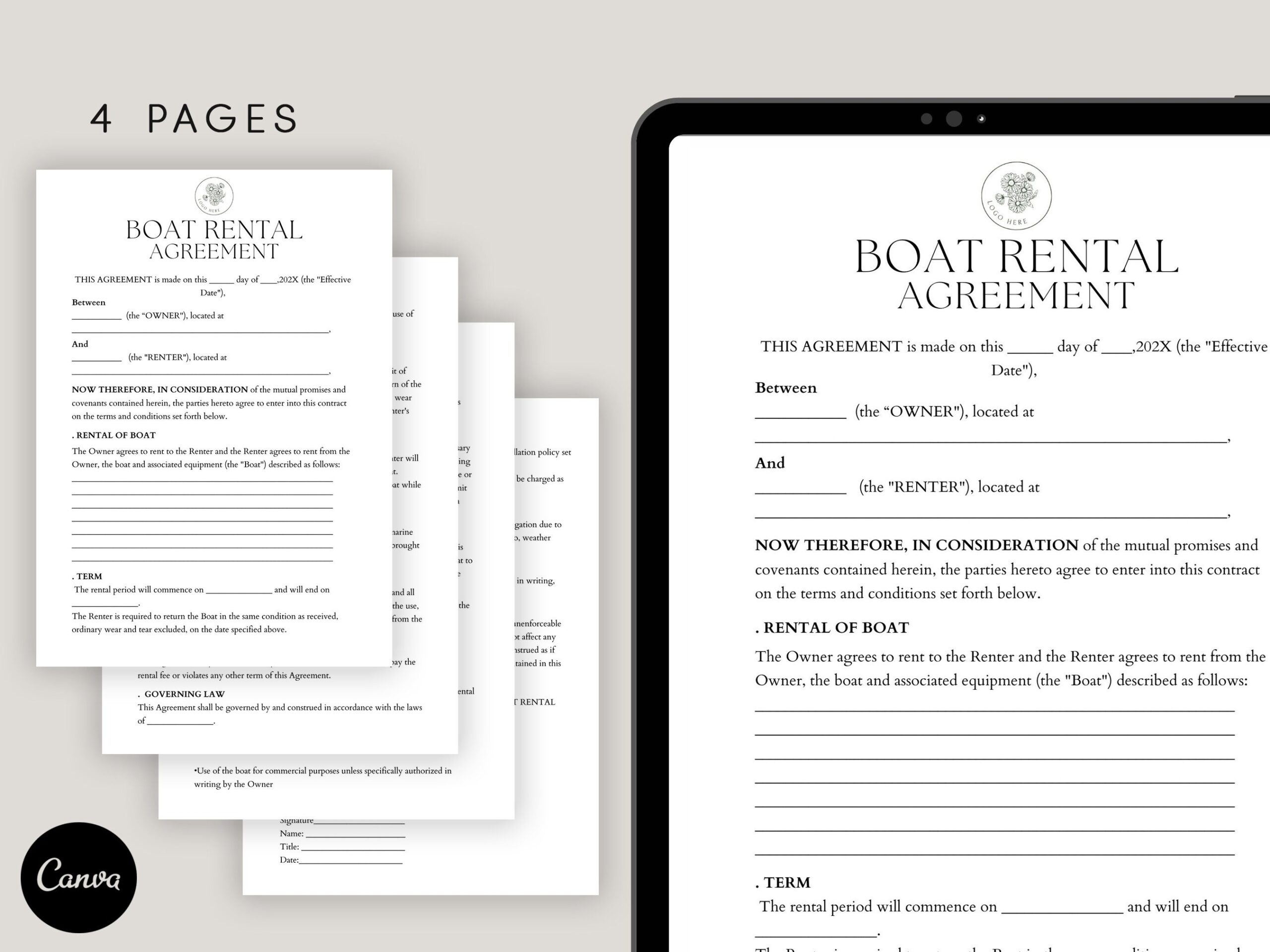 Editable Boat Rental Agreement Template Boat Rental Contract Boat Lease Agreement Template Boat Lease Terms Pdf Canva Etsy