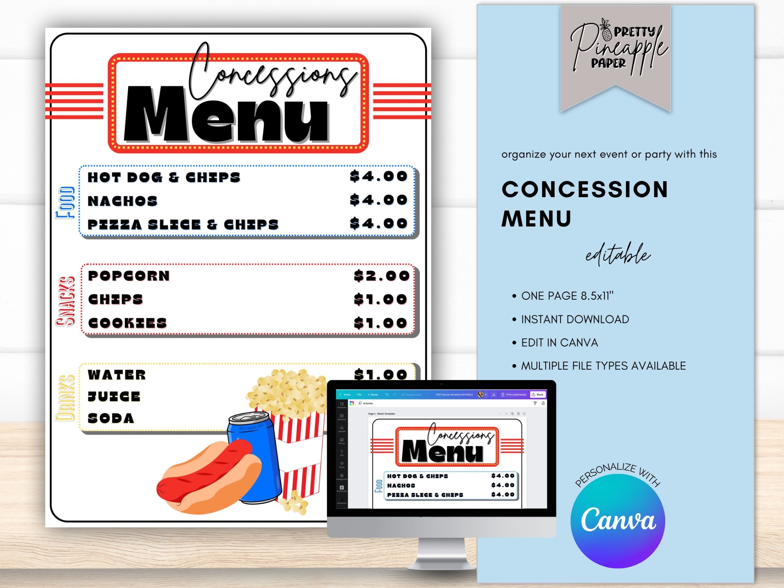 Editable Concession Stand Menu Canva Template Instant Download Printable Volunteers Baseball Football Soccer Sports Movie Night Party Etsy