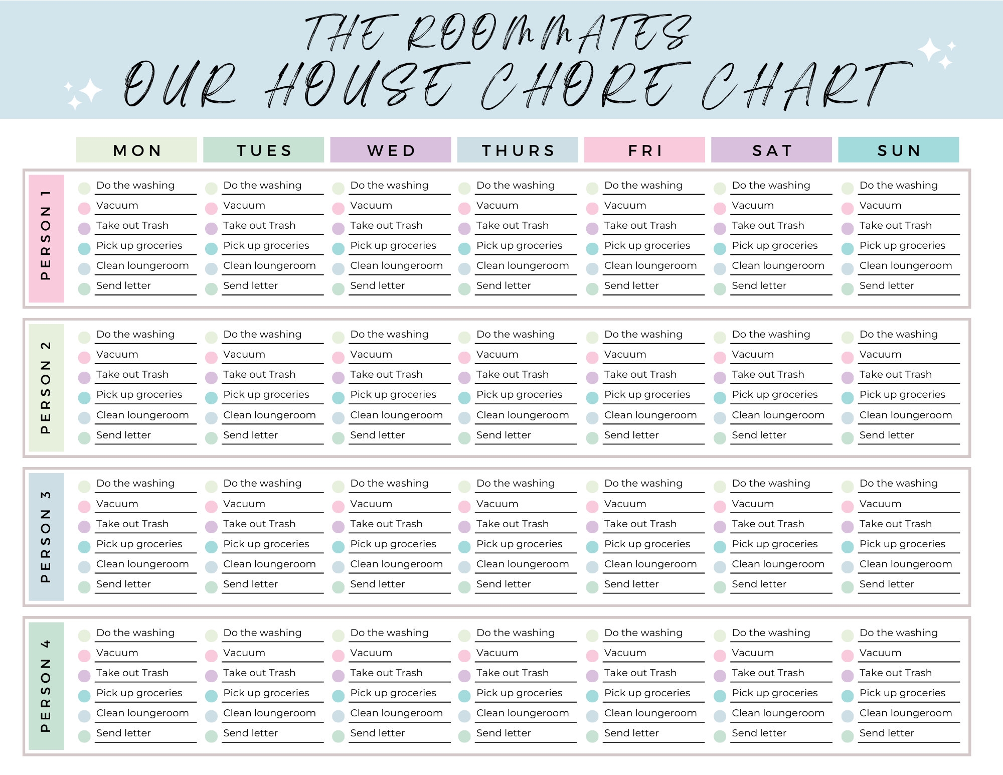 Editable Family Chore Chart Roommate Chore List Cleaning 