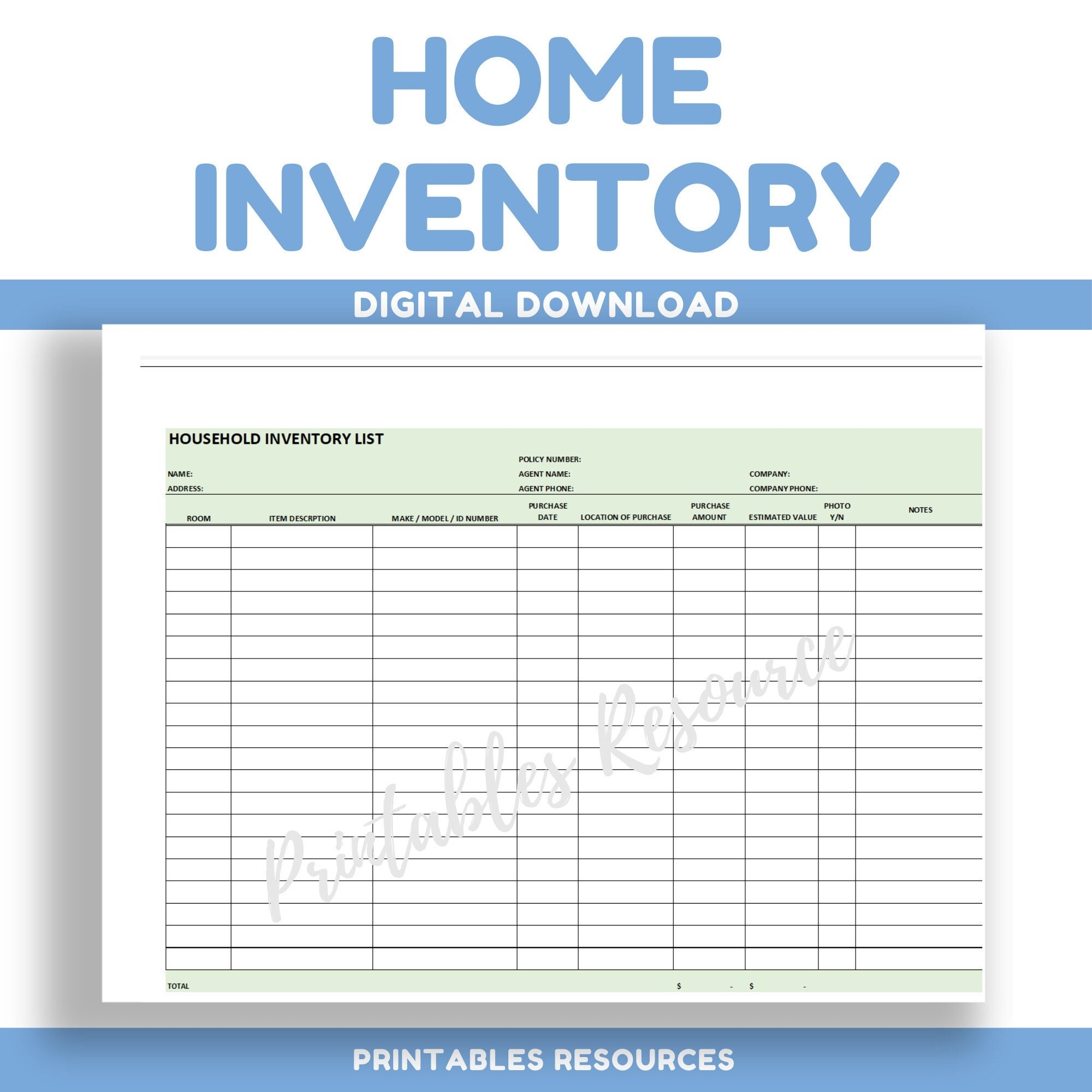 Printable Home Contents Inventory List Template