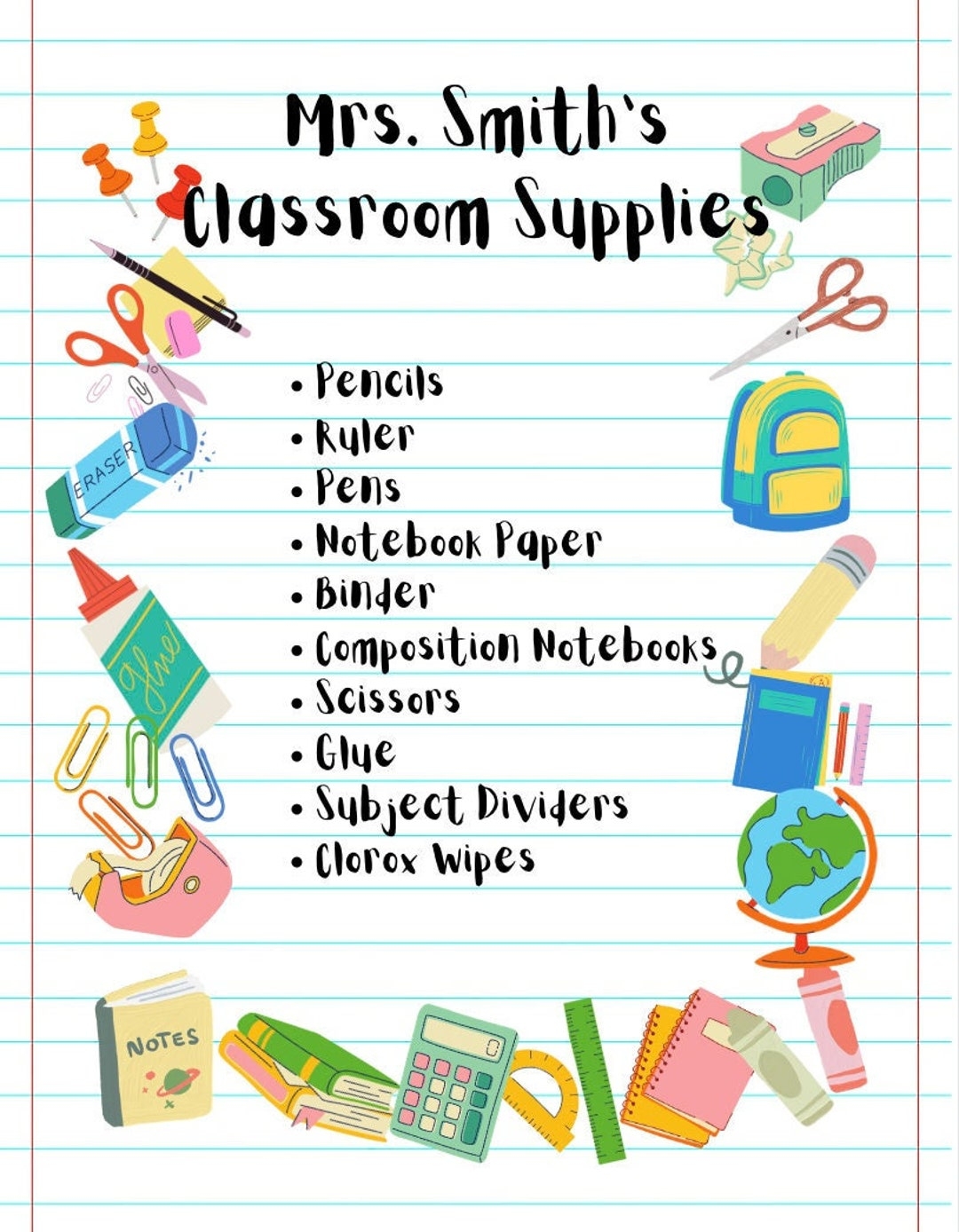 Editable School Supply List digital Download Etsy