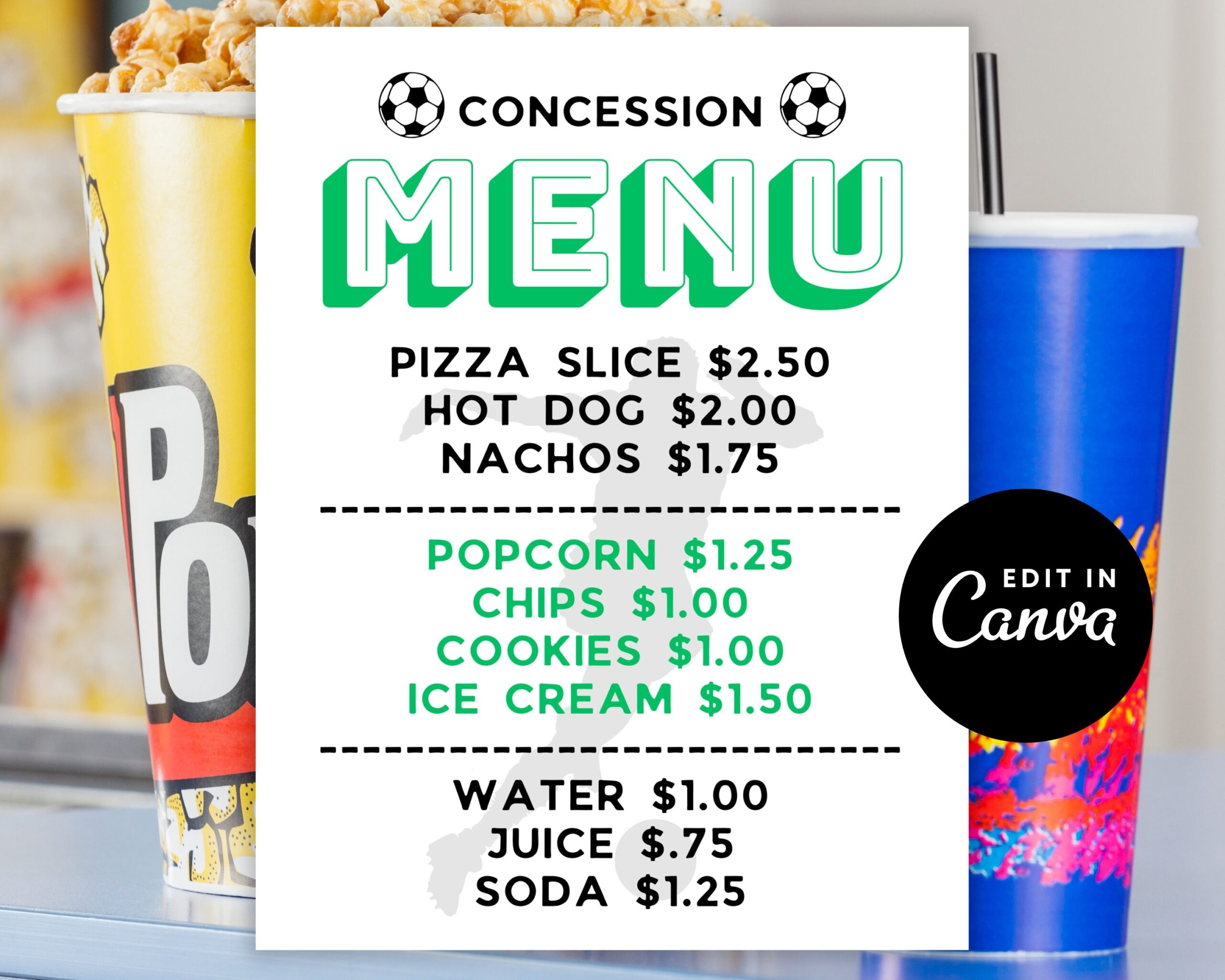 Editable Soccer Concession Stand Menu Price Sheet Printable Canva Template Etsy