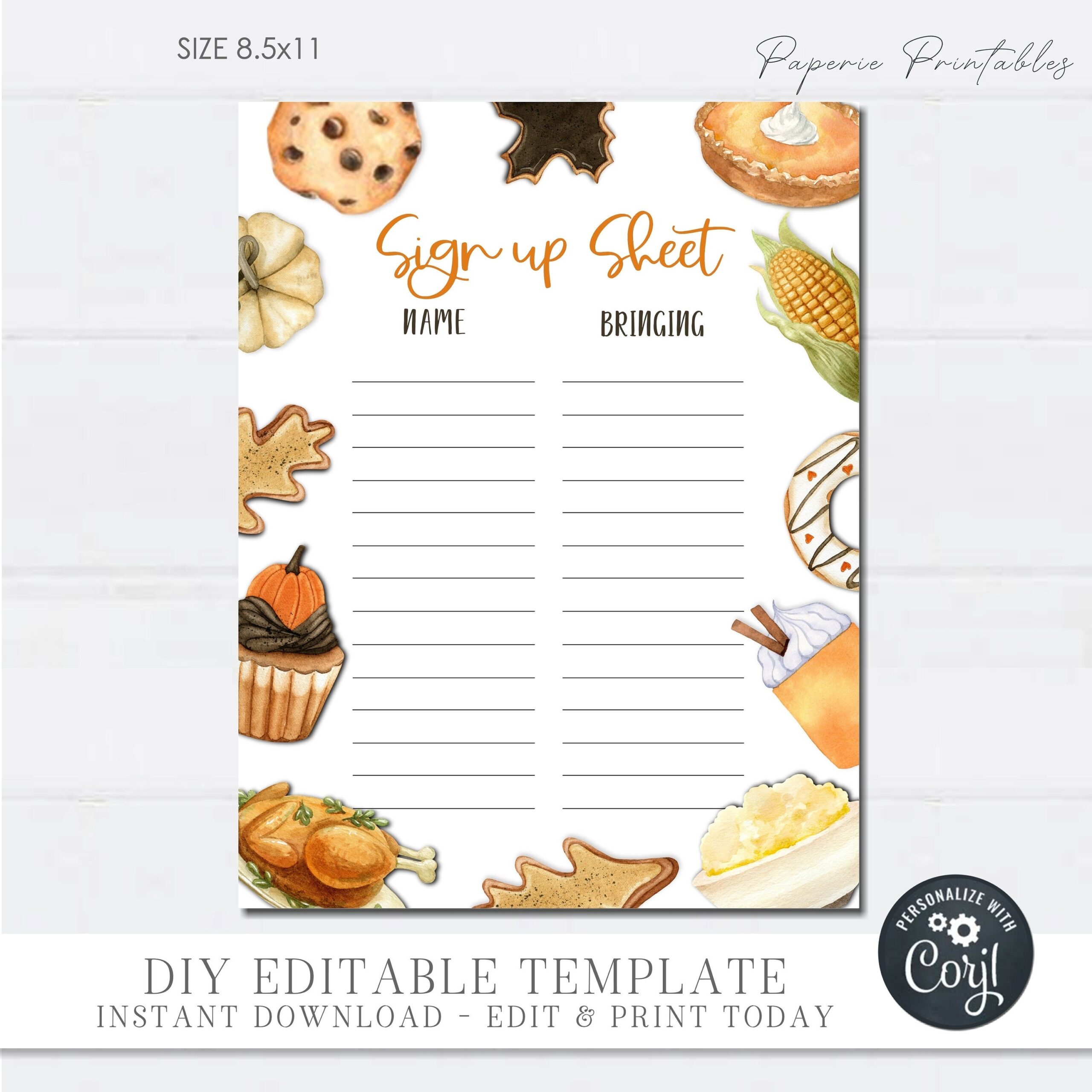 Editable Thanksgiving Potluck Sign Up Sheet Potluck Sign Up Sheet 