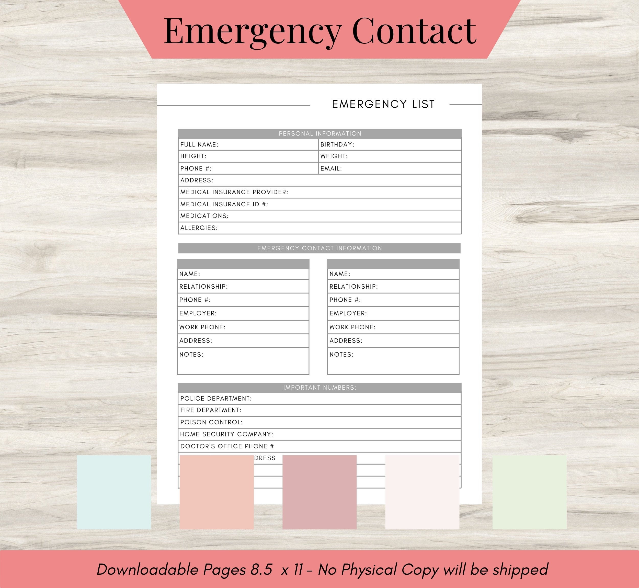 Emergency Contact List Emergency Contact Sheet Emergency Kit 