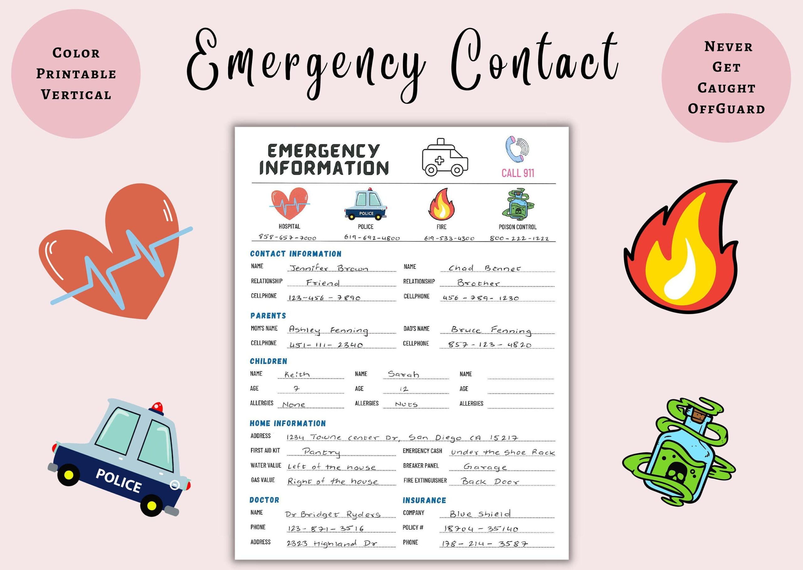 Emergency Contact List Emergency Contact Sheet Home Emergency Nanny Information Medical Contact Digital Prints Instant Download Etsy
