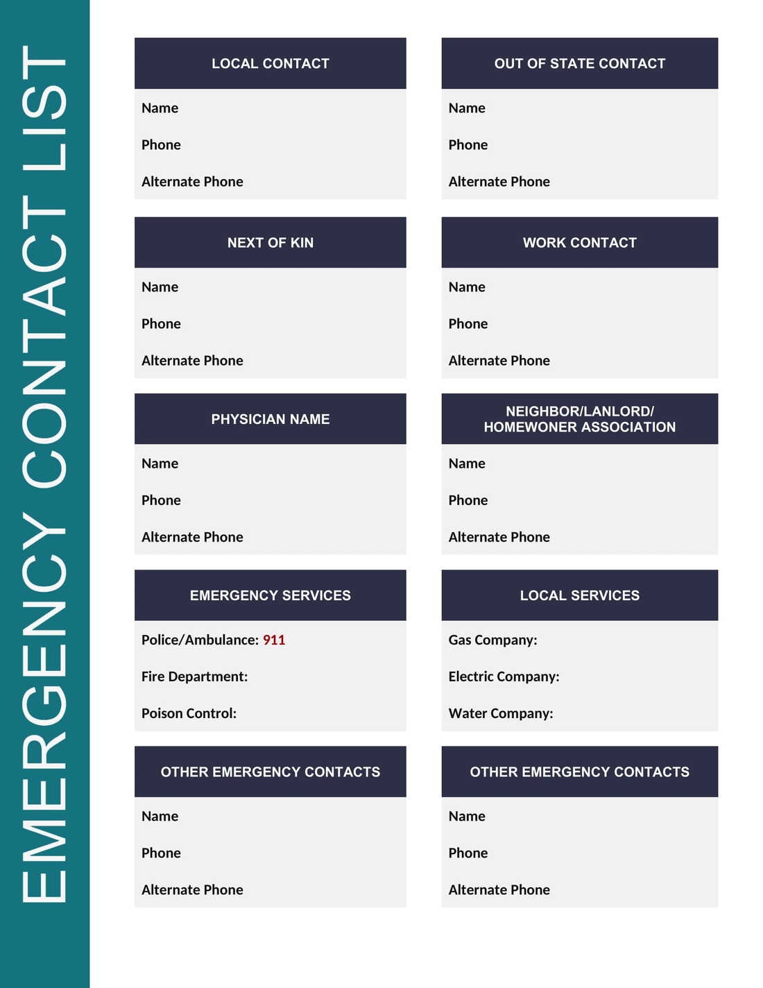 Emergency Numbers List Template