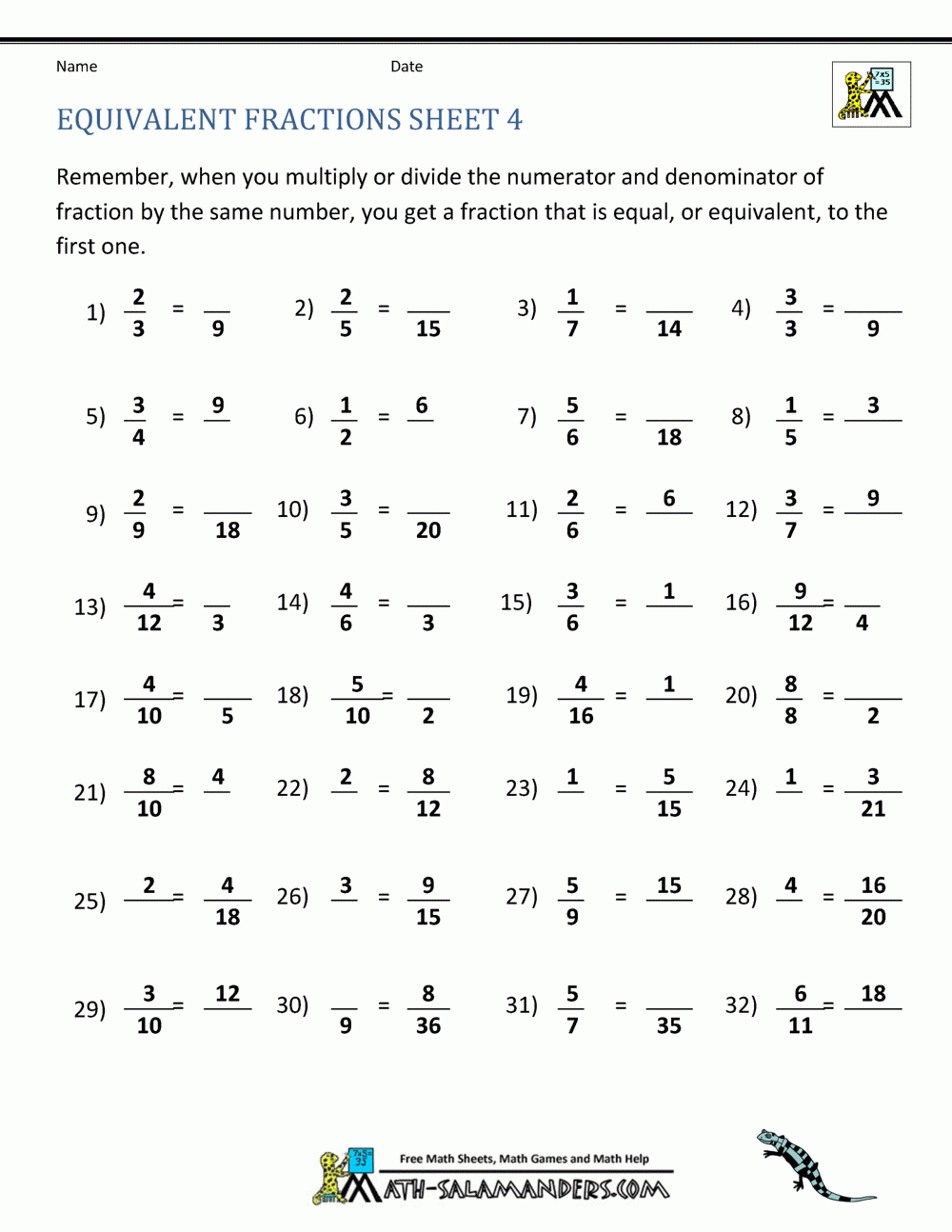 Free Printable Equivalent Fractions Worksheets