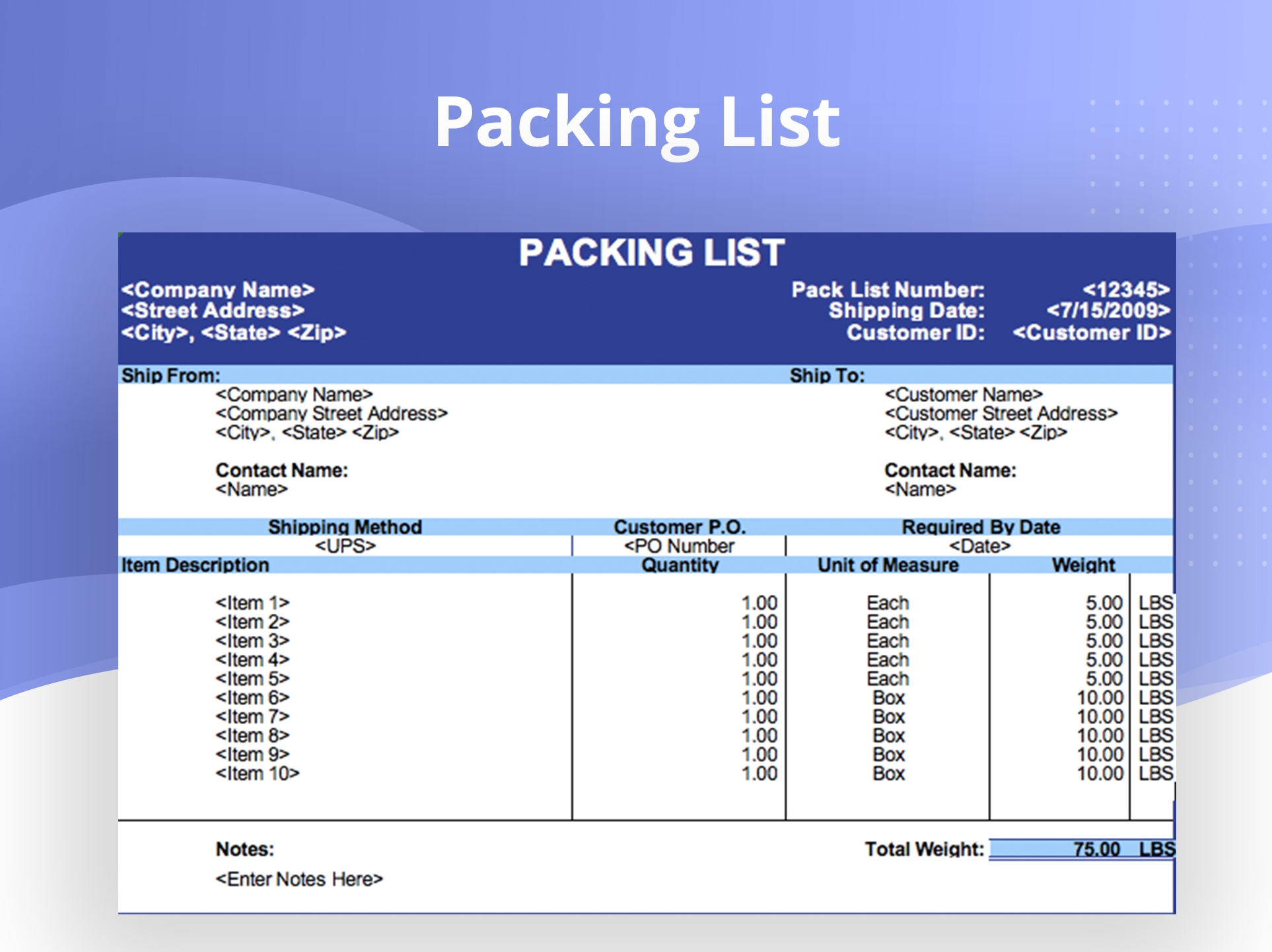 Template Packing List