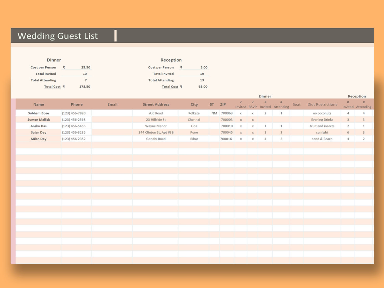EXCEL Of Wedding Guest List xlsx WPS Free Templates