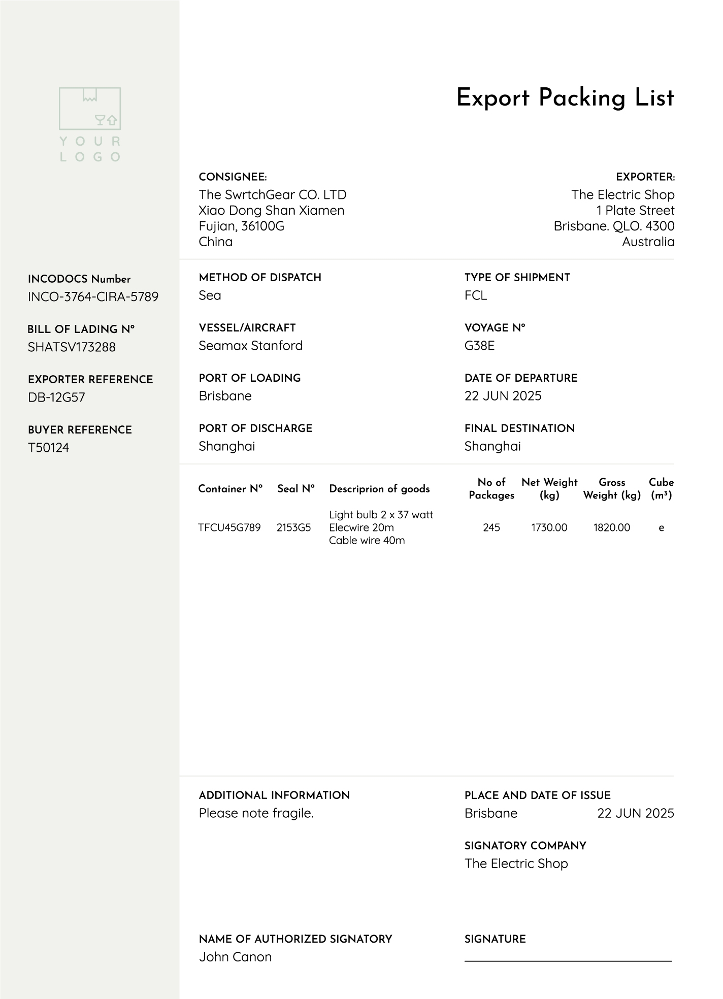 Export Packing List Free Google Docs Template Gdoc io
