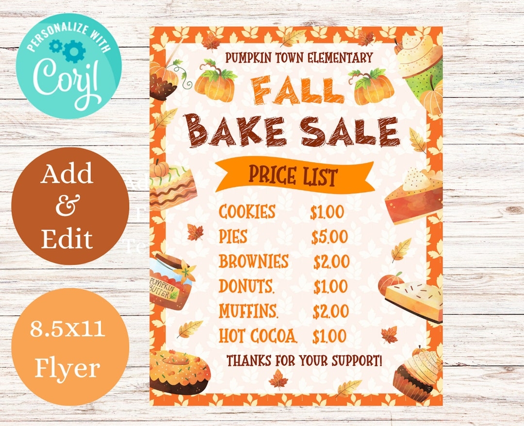 Fall Bake Sale Editable Price List Instant Download Holiday Bake Sale Sign School Church Community Fundraiser Event Template Thanksgiving Etsy UK