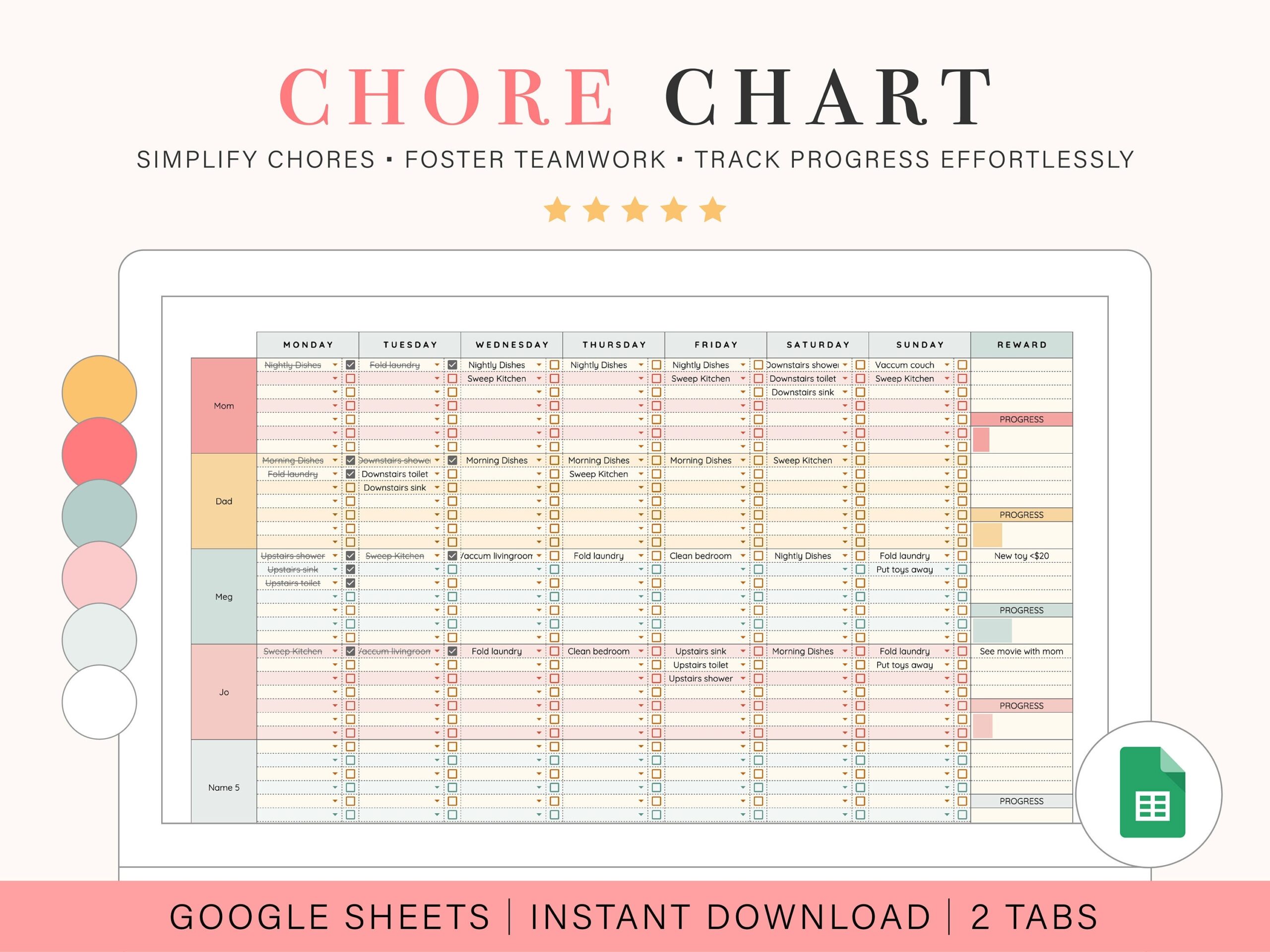 Family Chore Chart Google Sheets Spreadsheet Template Digital 