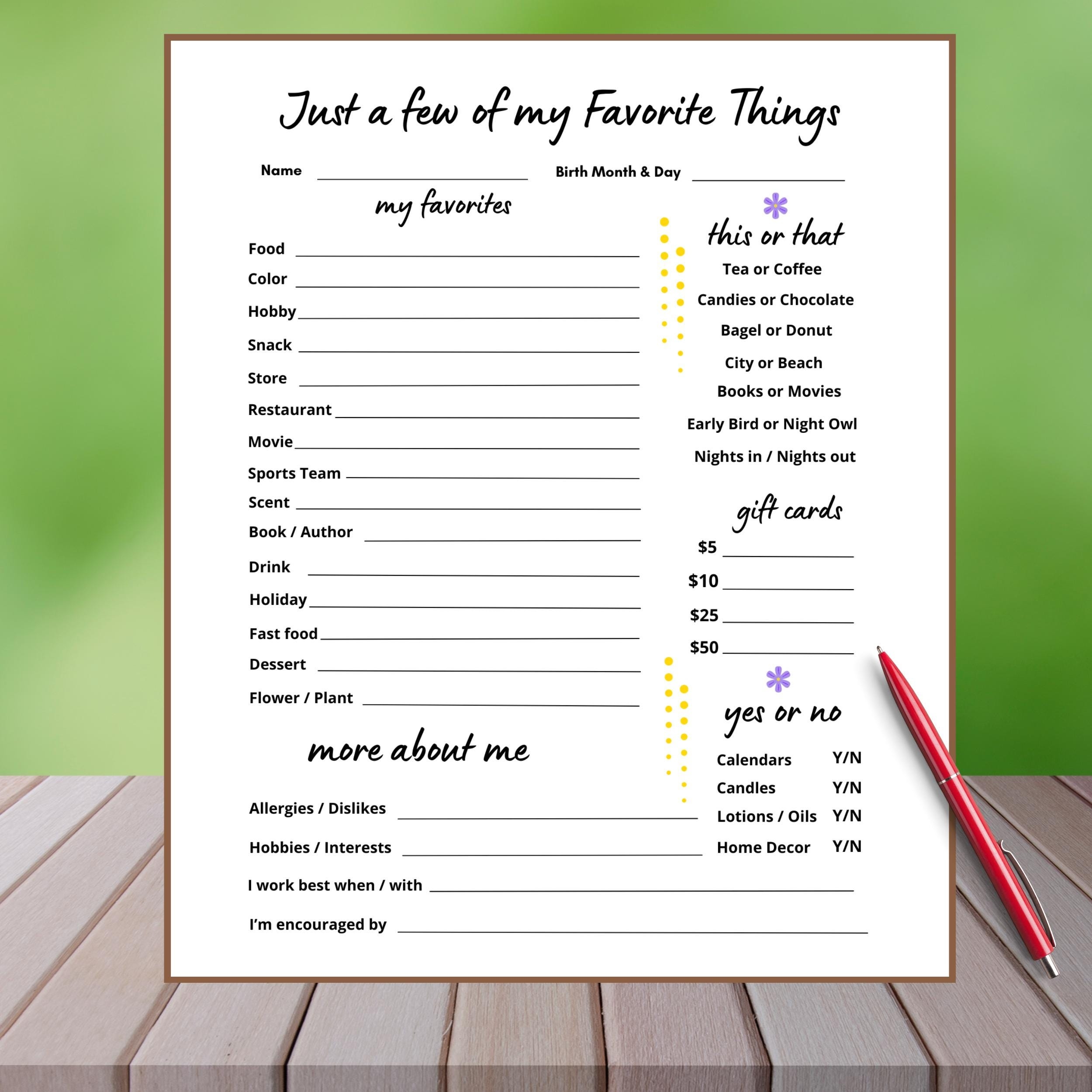 Favorite Things List Template
