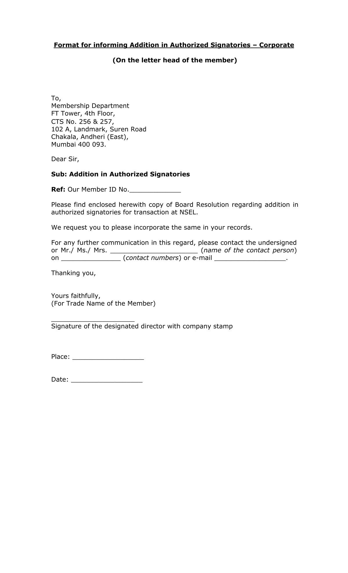 Authorized Signatory List Template