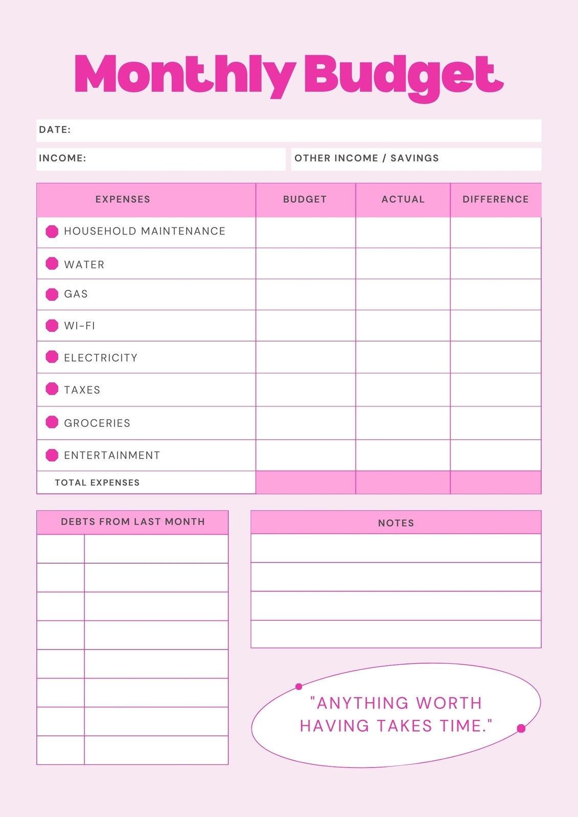 Free Editable Printable Budget Template