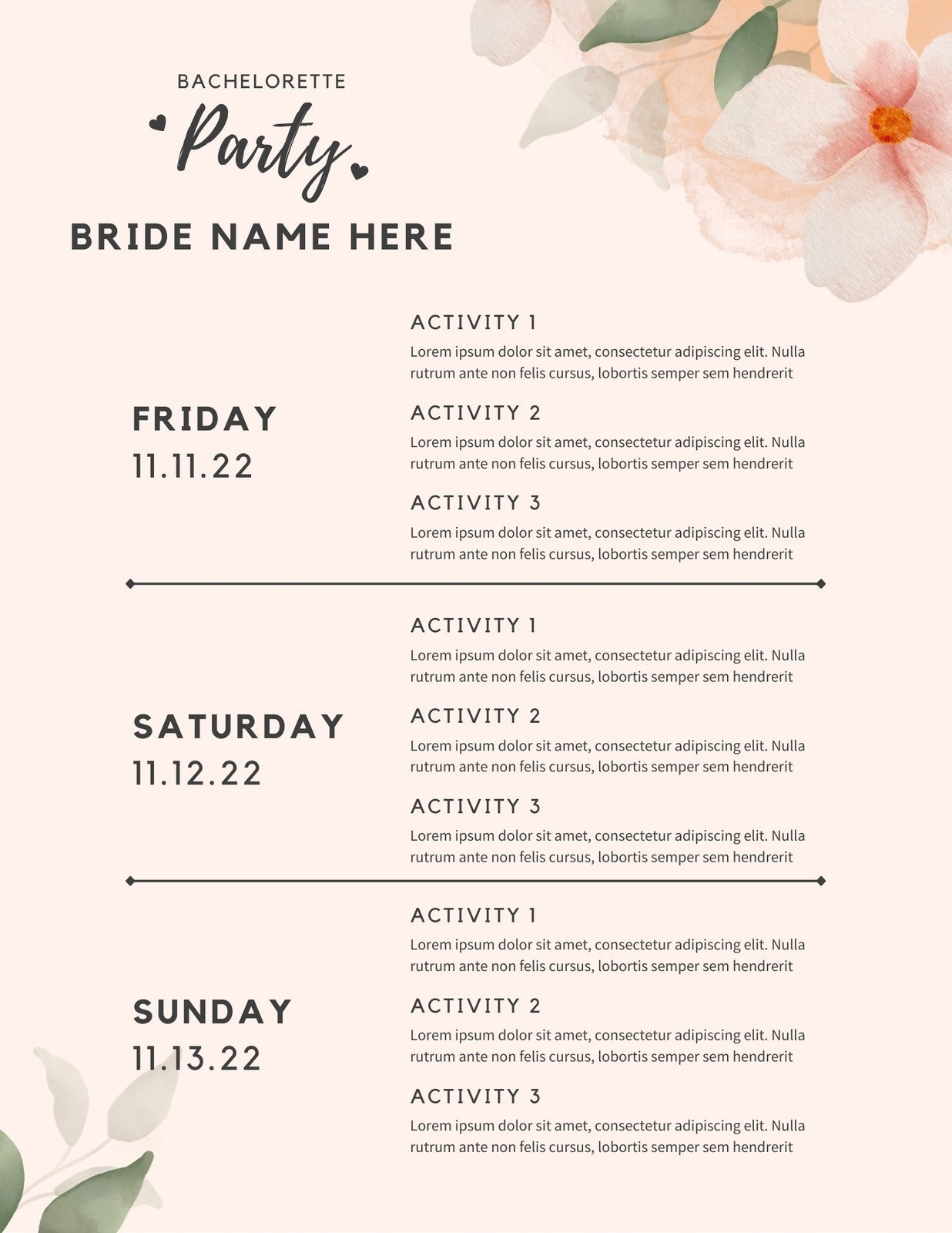 Free Printable Bachelorette Itinerary Template