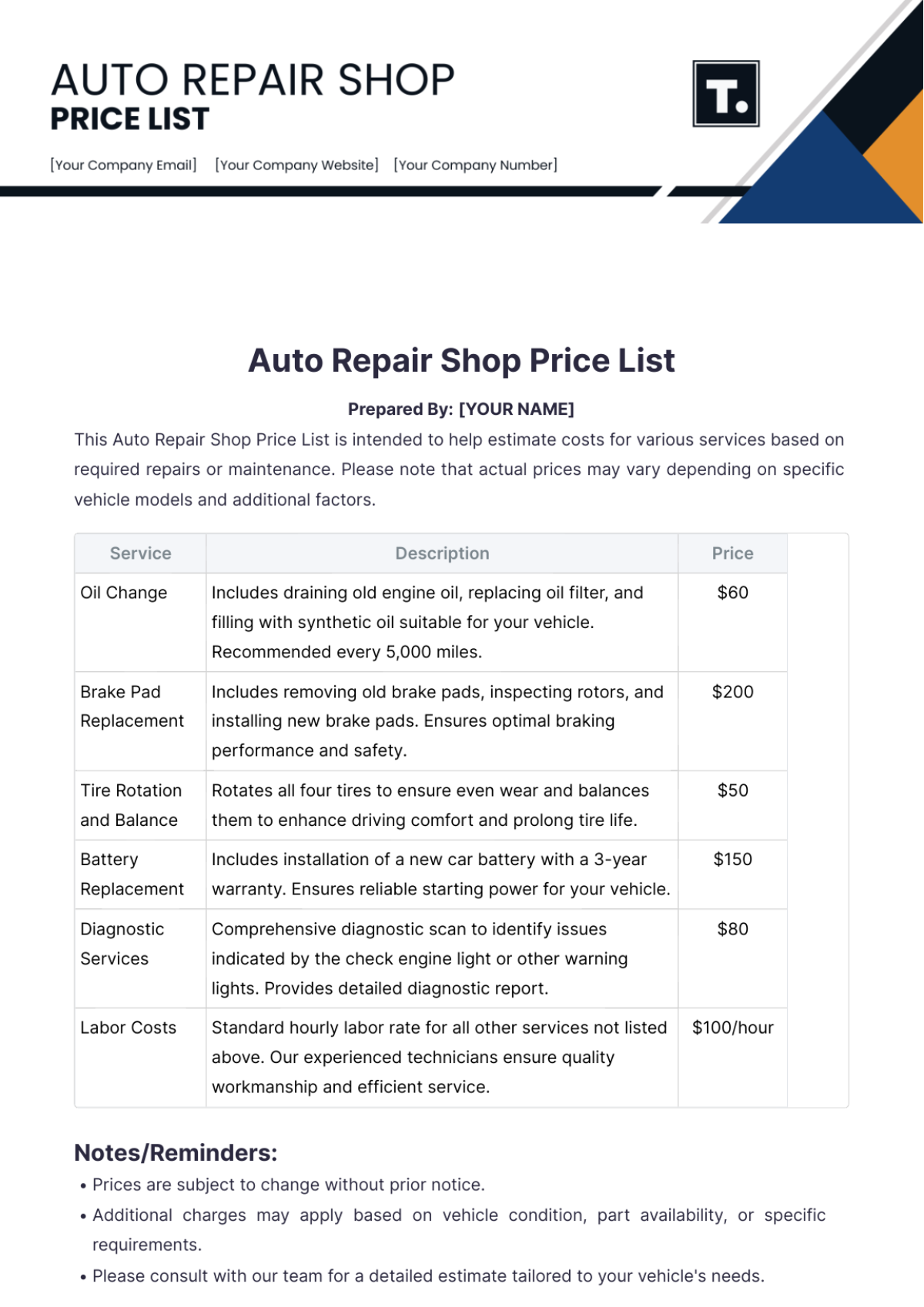 Free Auto Repair Shop Price List Template To Edit Online
