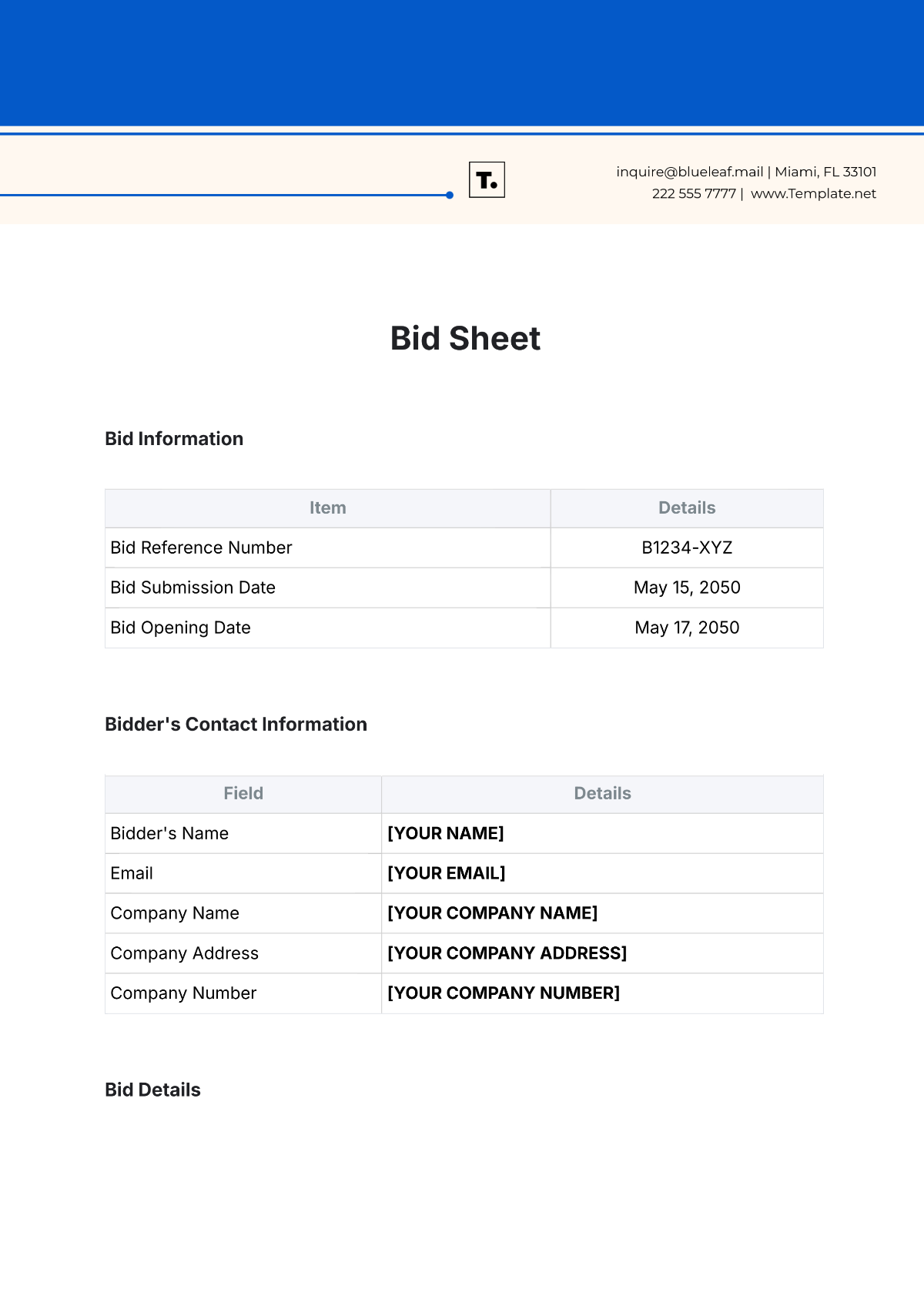 Blank Free Printable Contractor Bid Forms