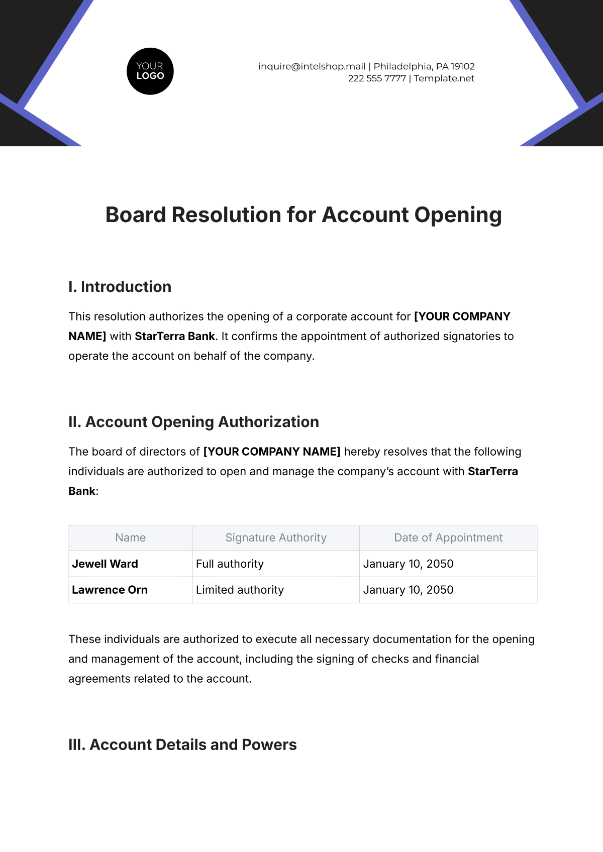 Authorized Signatory List Template