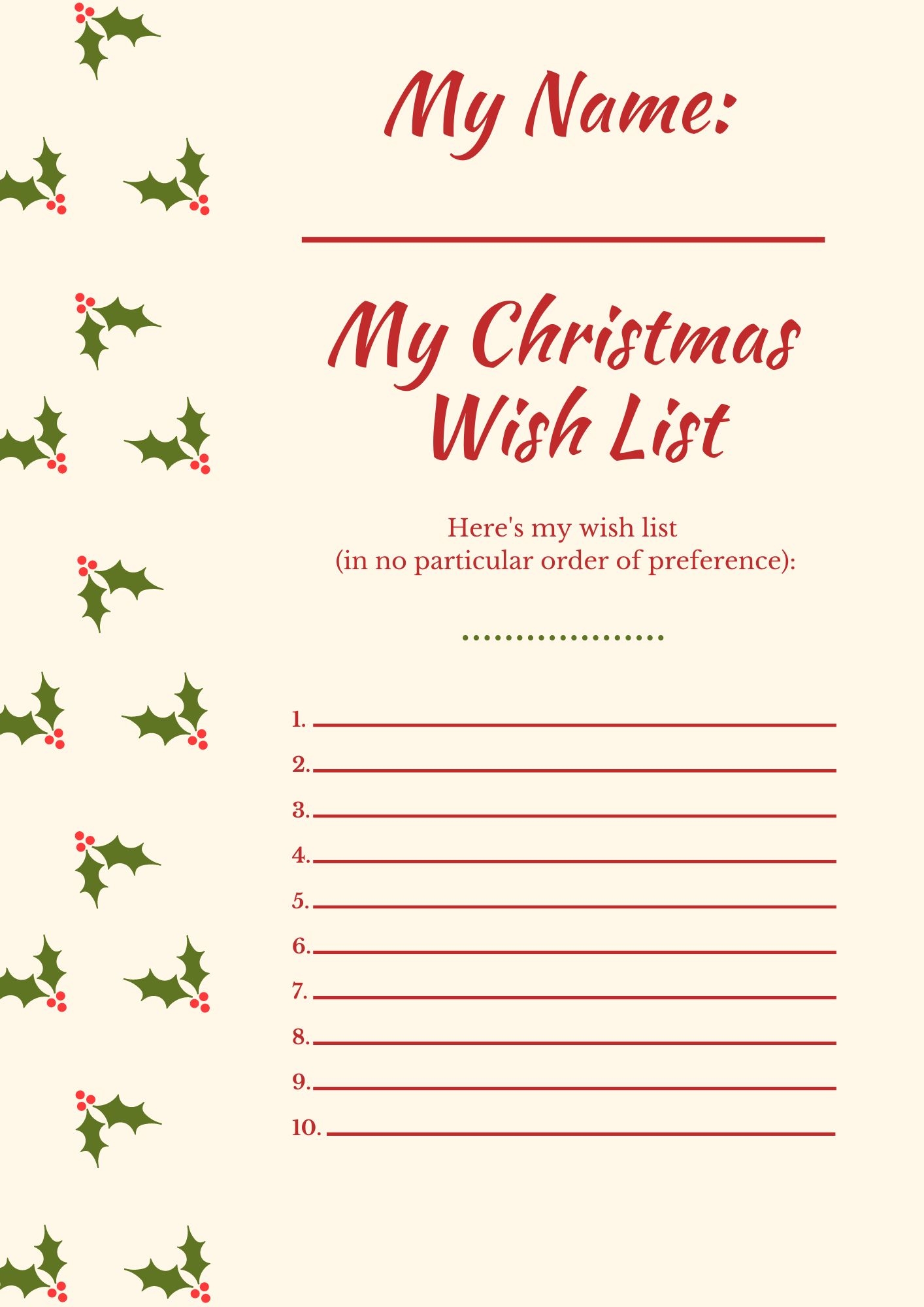 Christmas List Template For Adults