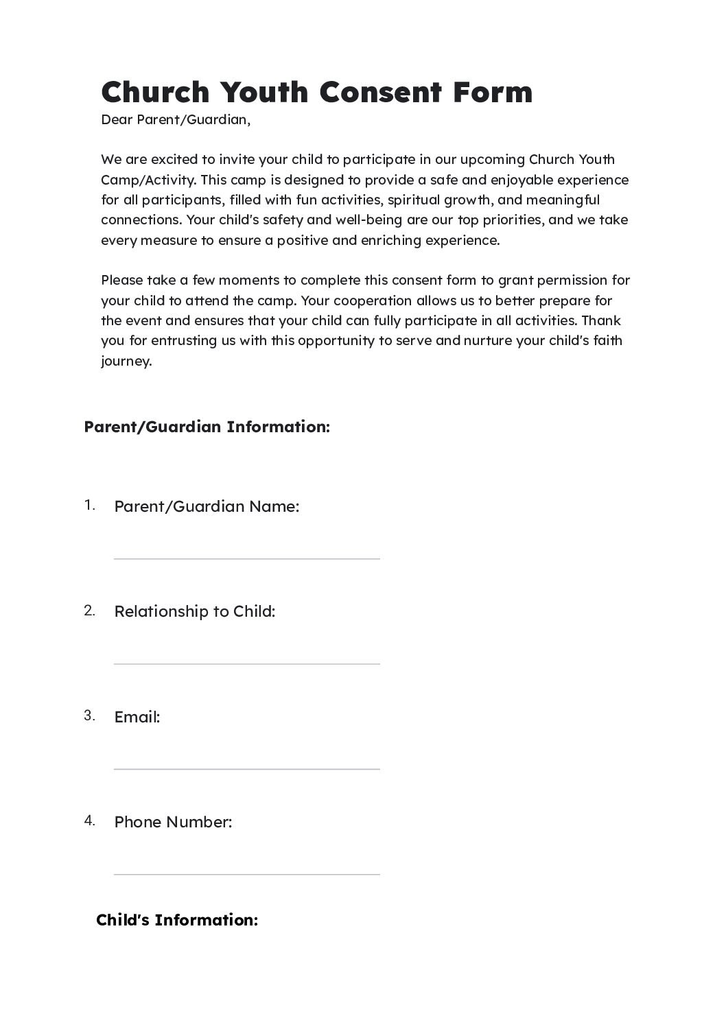 Church Youth Permission Slip Template