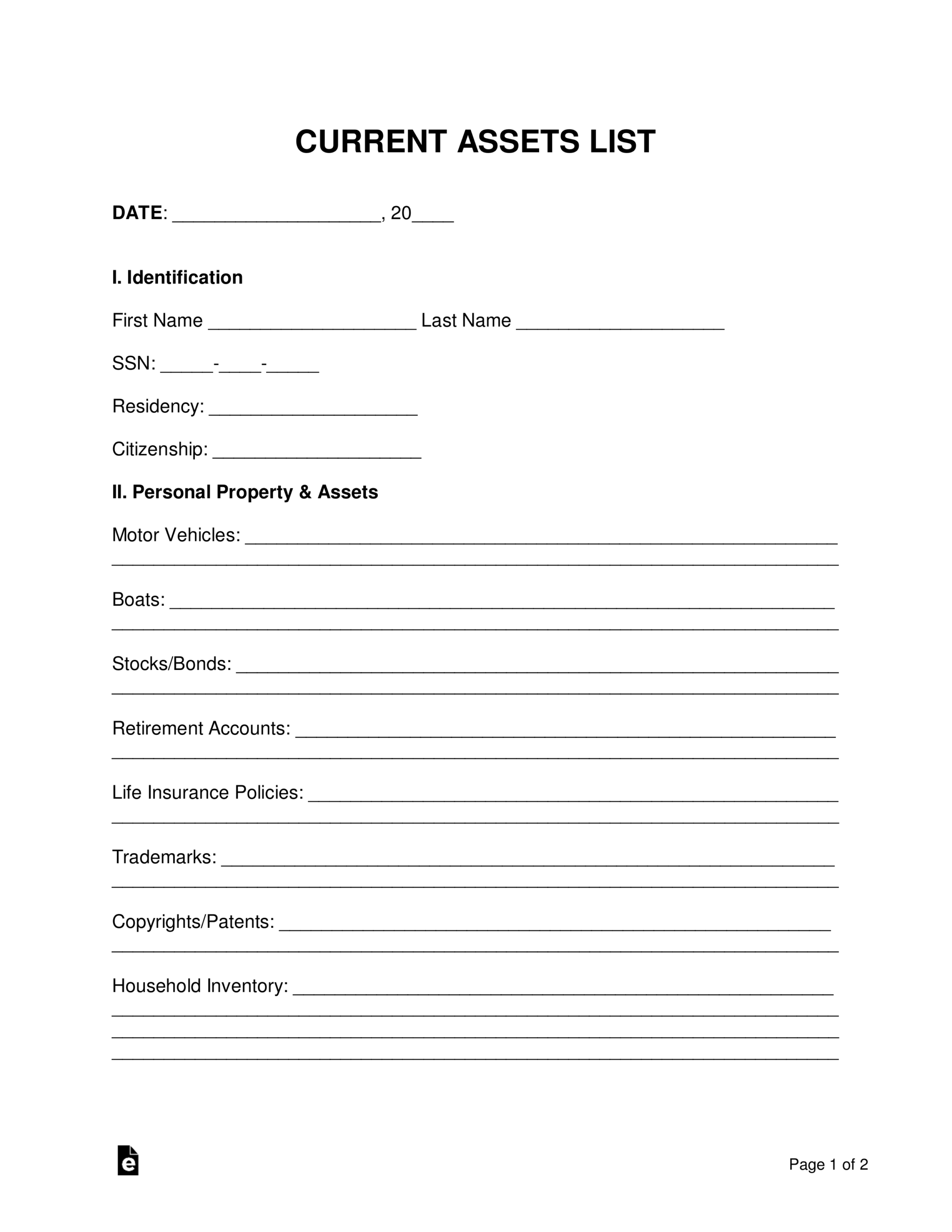 List Of Assets For Will Template