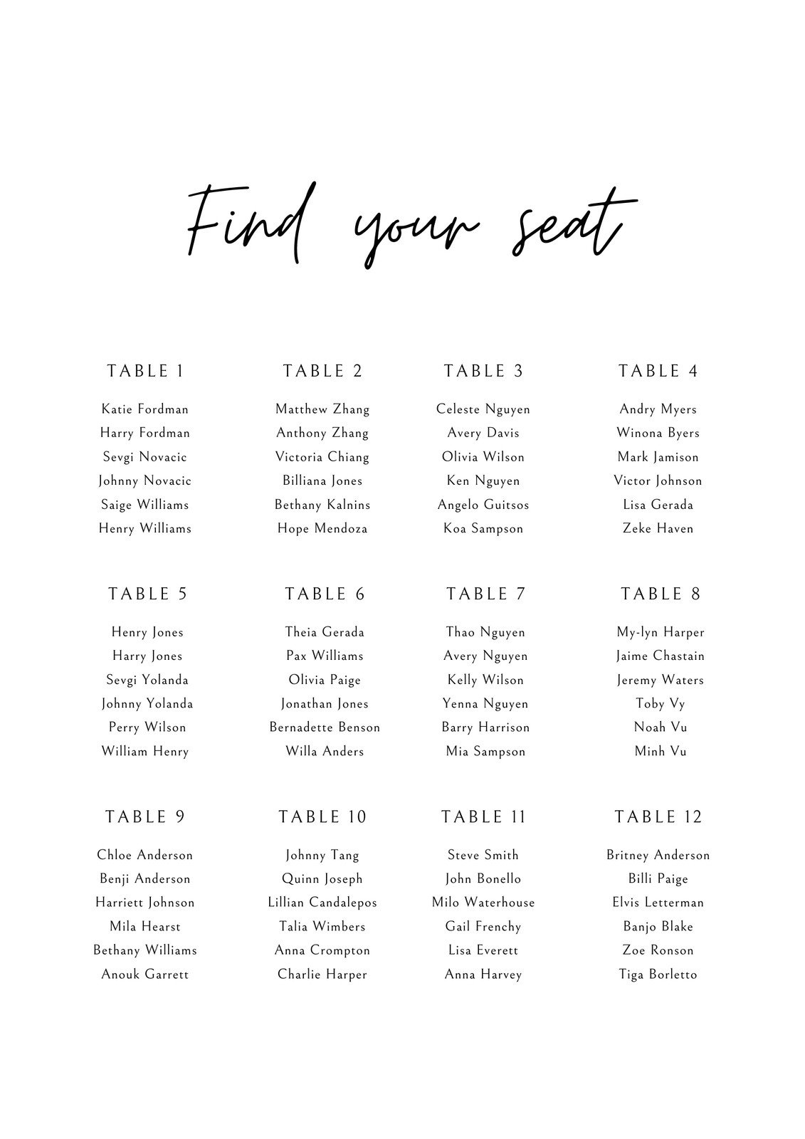 Seating Chart Template Pdf