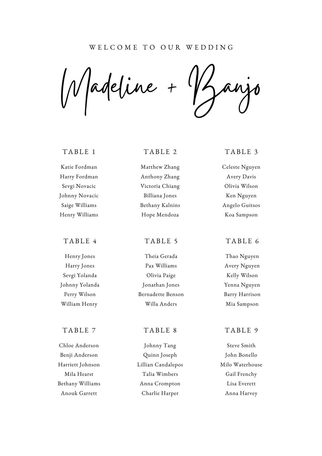 Wedding Seating Chart Template Word
