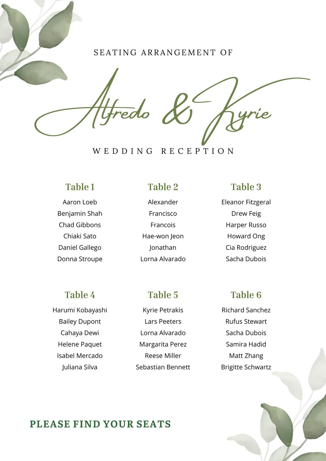 Free Table Seating Chart Template