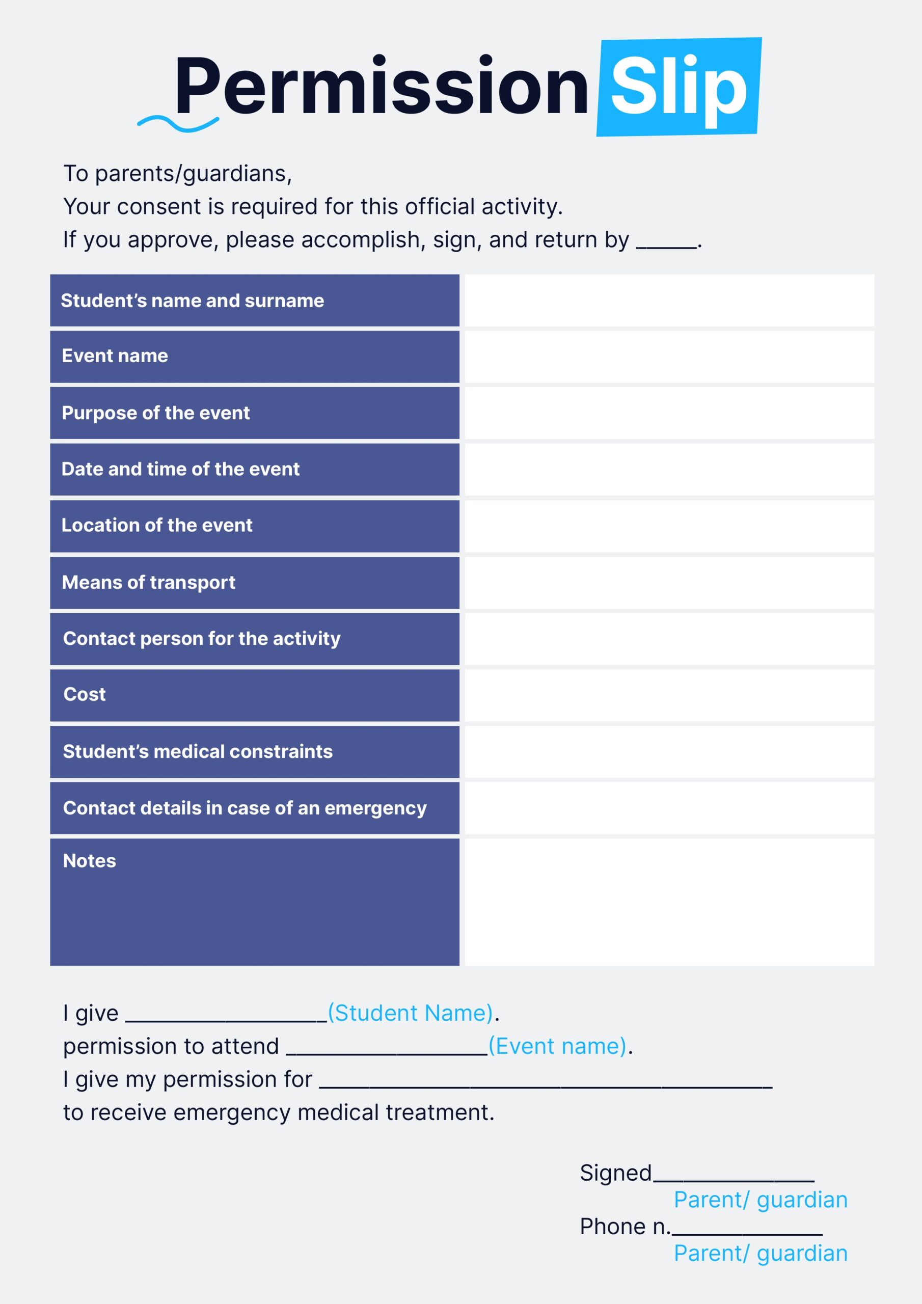 Permission Slips Template