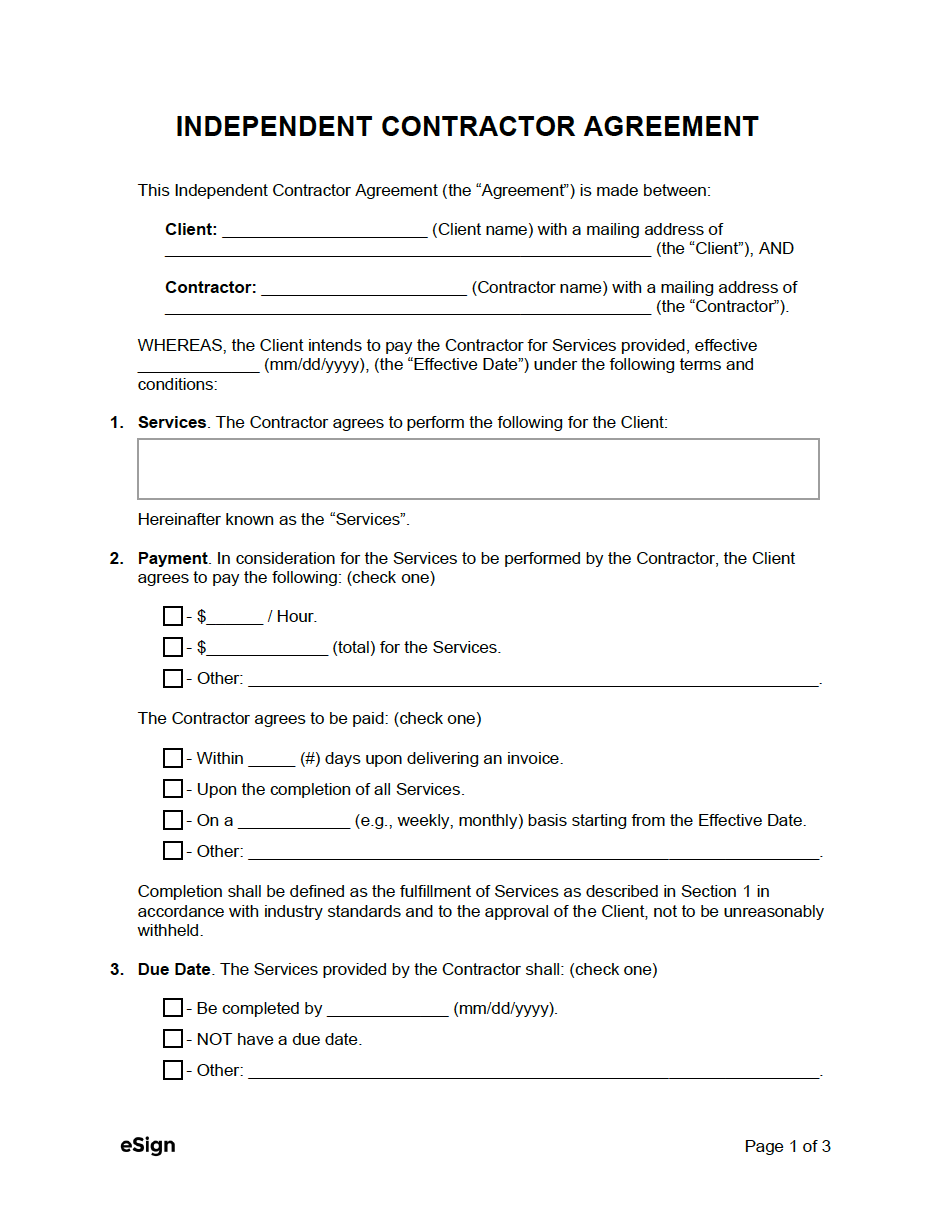 Idependent Contractor List Template