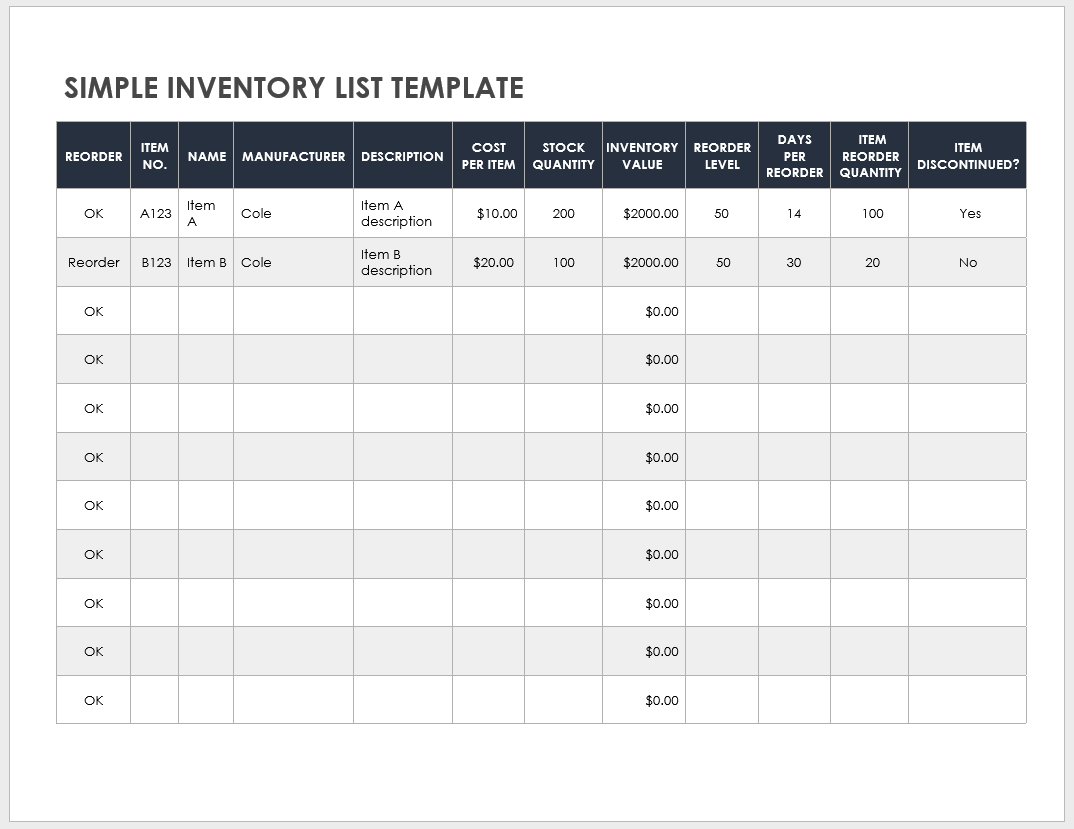Inventory List Template Free