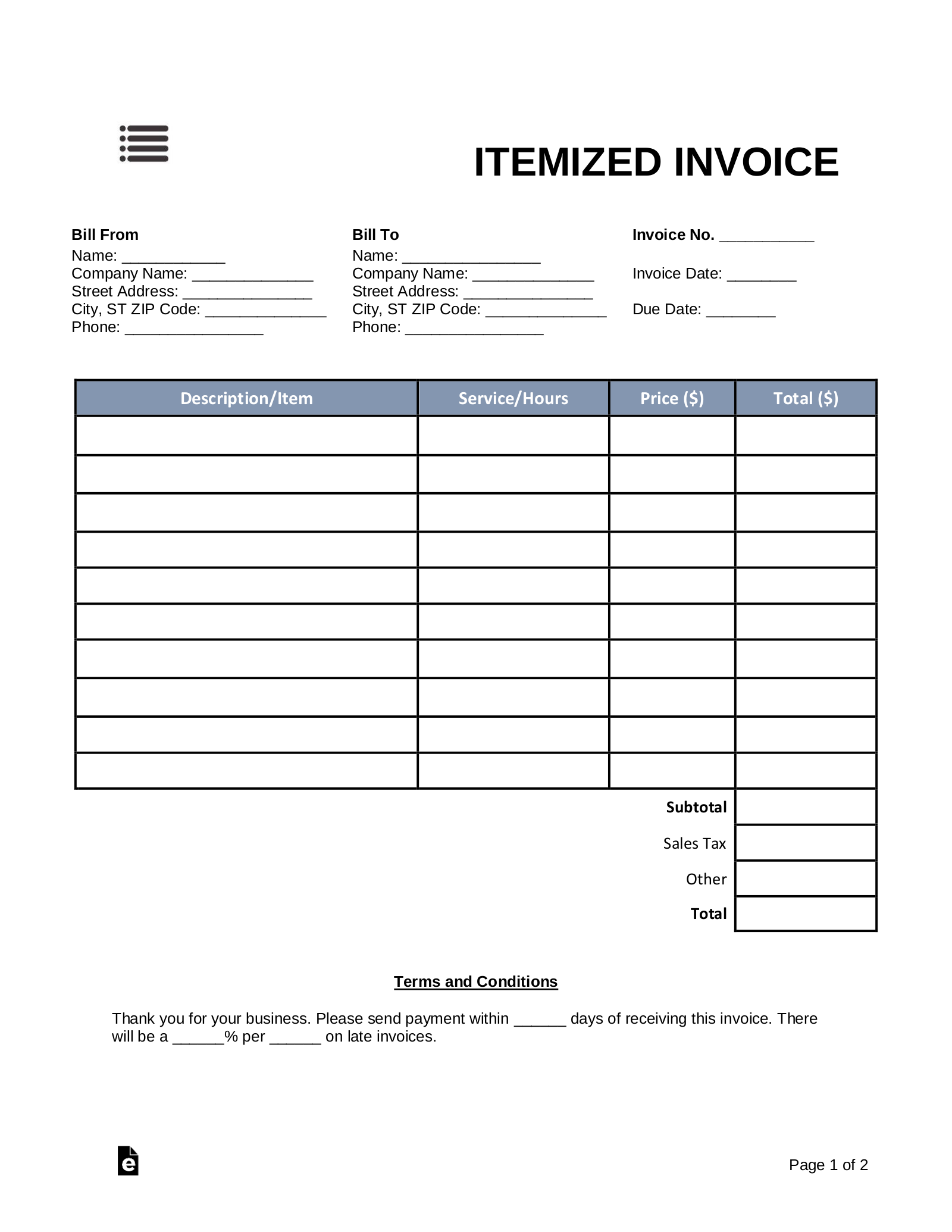 Itemized List For Insurance Claim Template