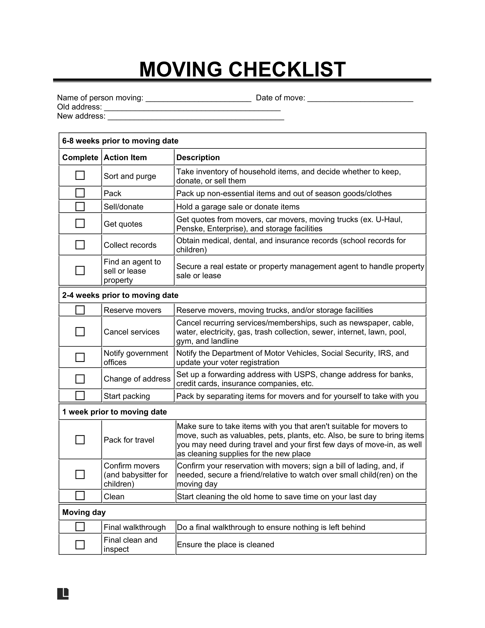 Moving List Template