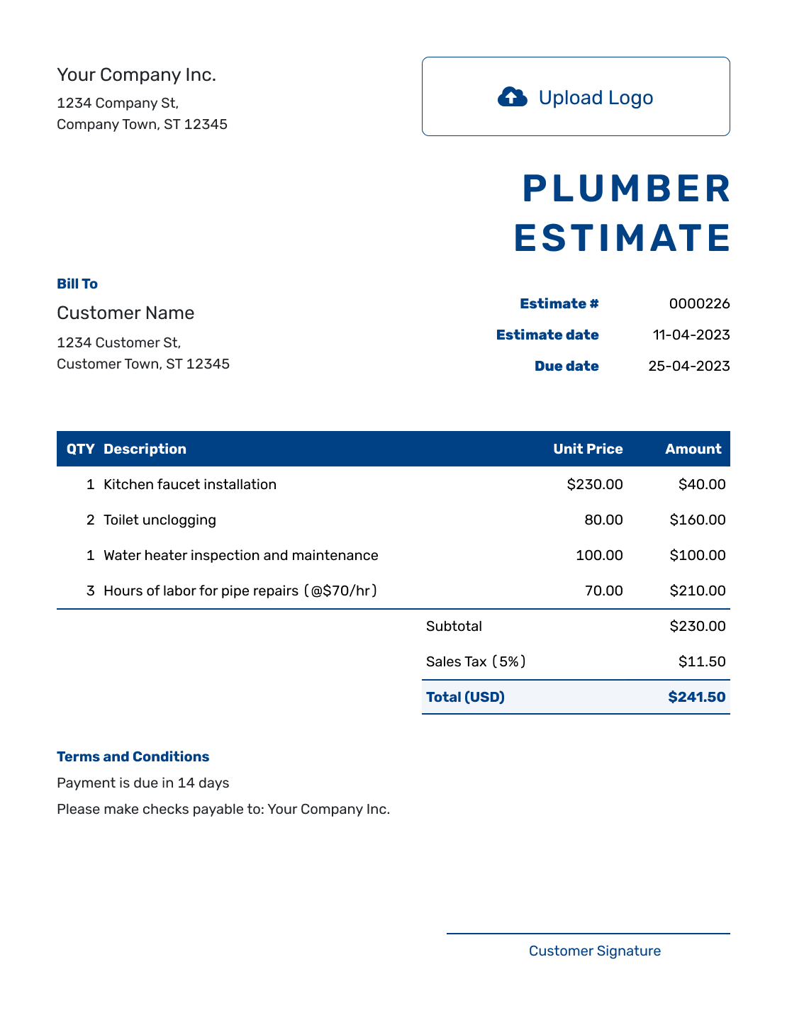 Free Plumber Estimate Template Docelf
