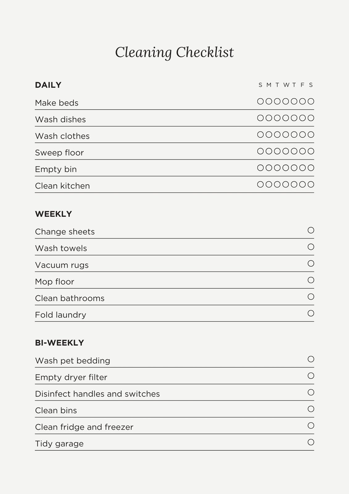 Cleaning List Template
