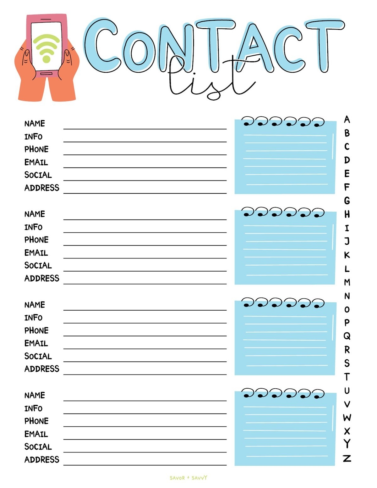 Free Printable Contact List Templates Savor Savvy
