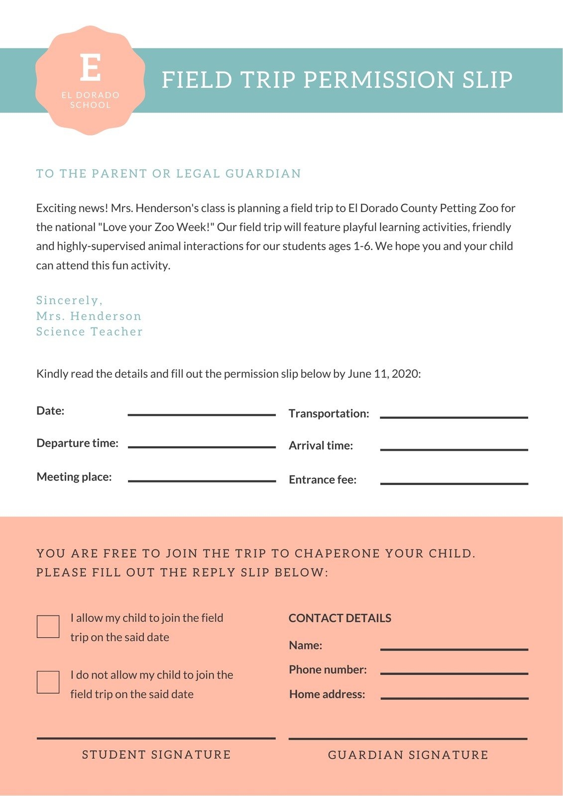 Free Printable Customizable Permission Slip Letter Templates Canva