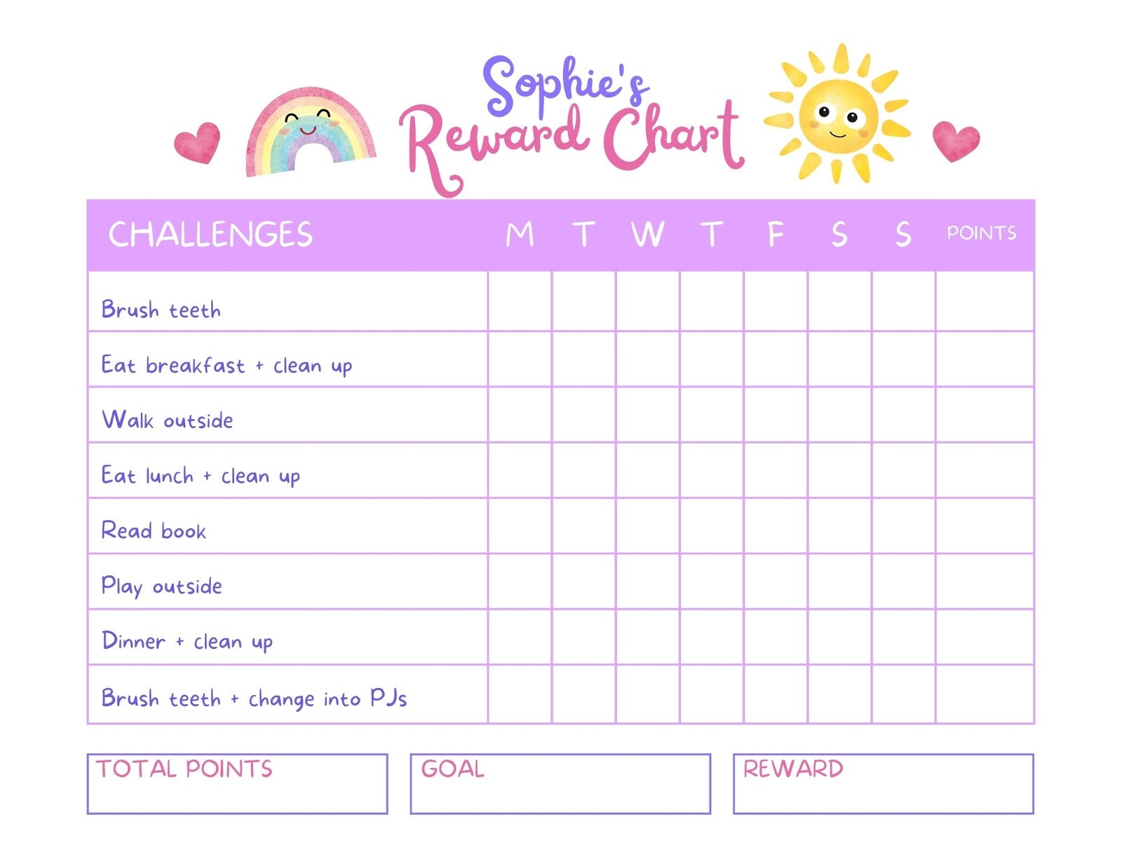 Childrens Reward Chart Template