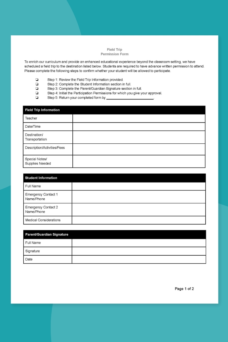 Free Printable Field Trip Permission Slip Templates Editable 