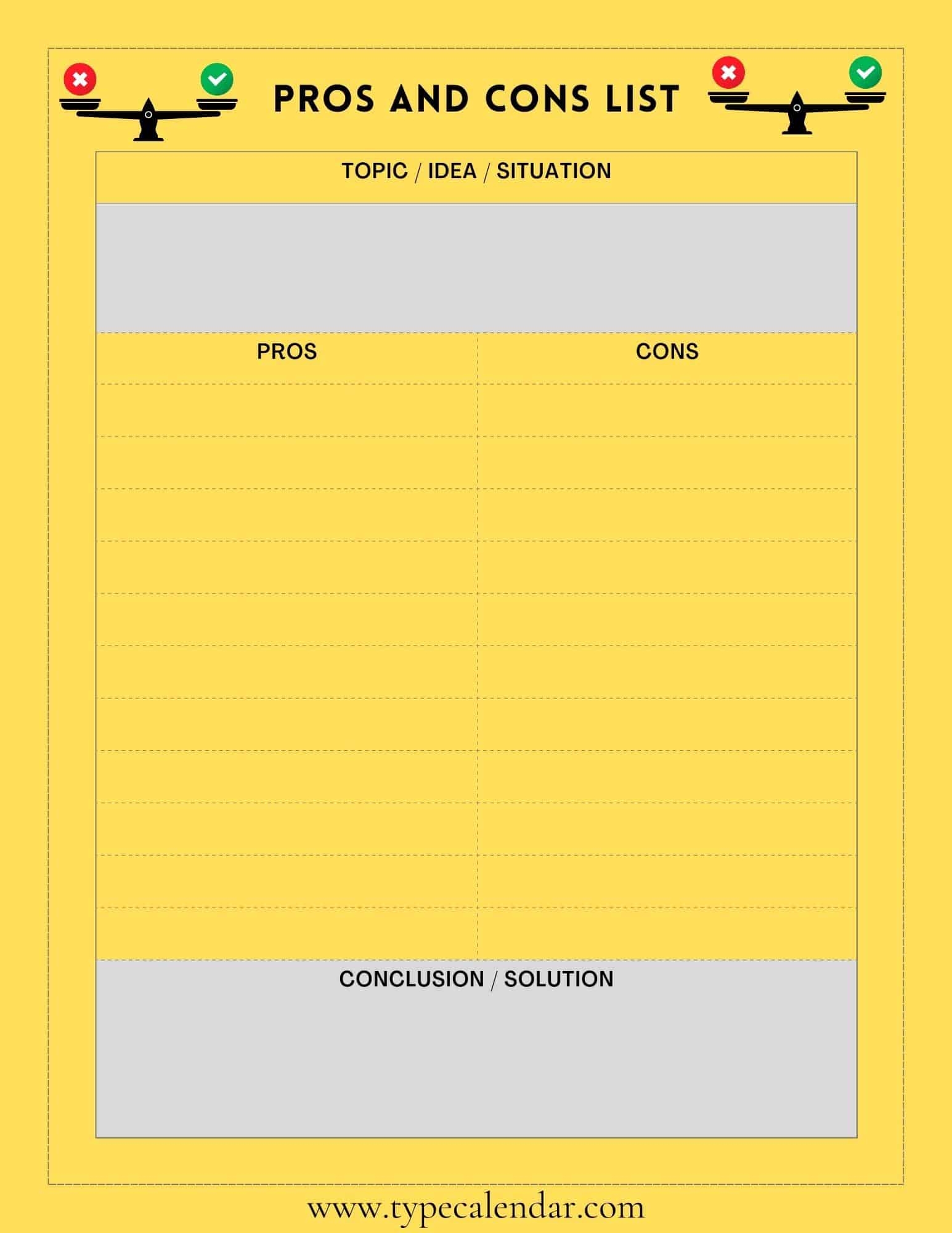 Free Printable Pros And Cons List Templates Maker Word Excel PDF