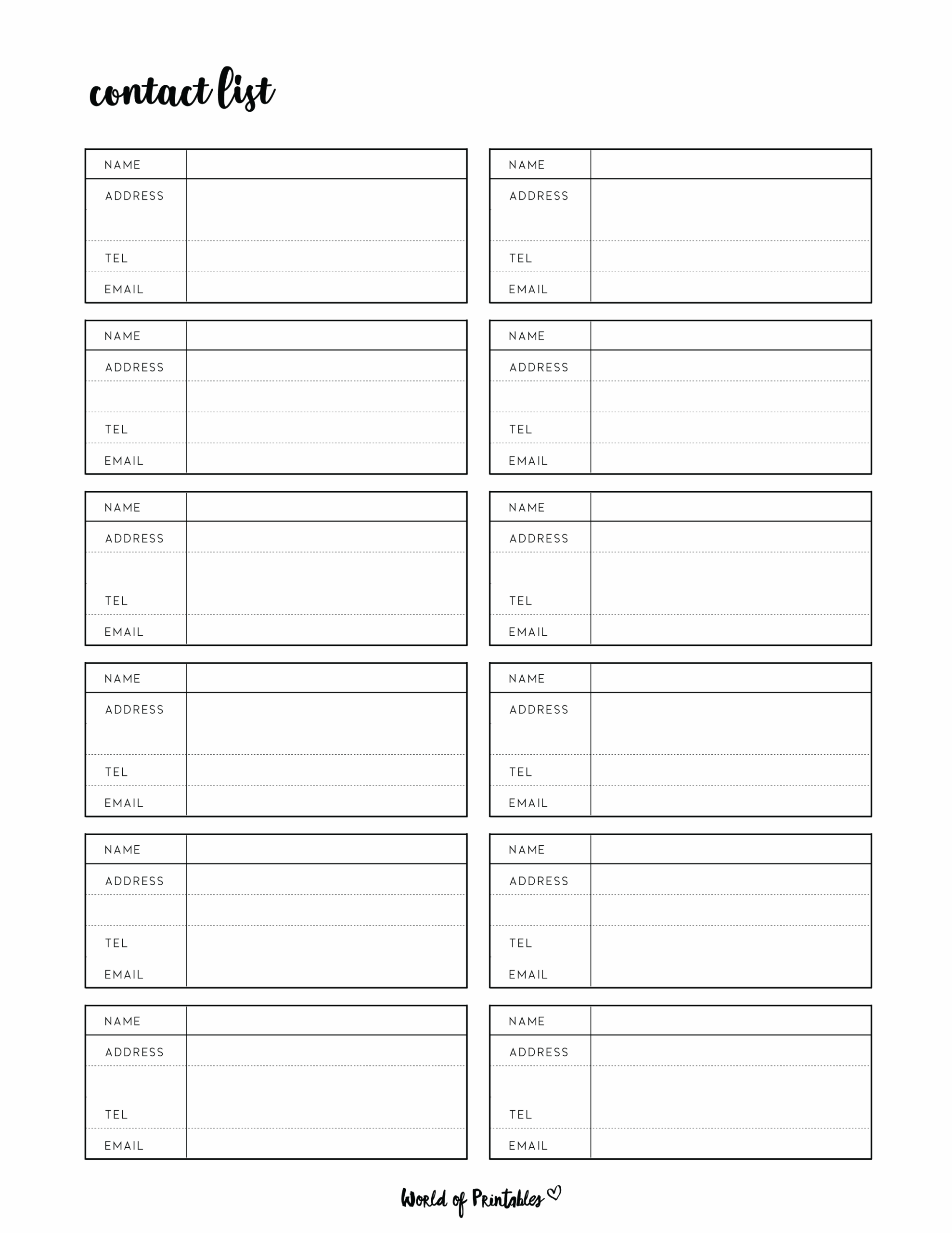 Word Phone List Template