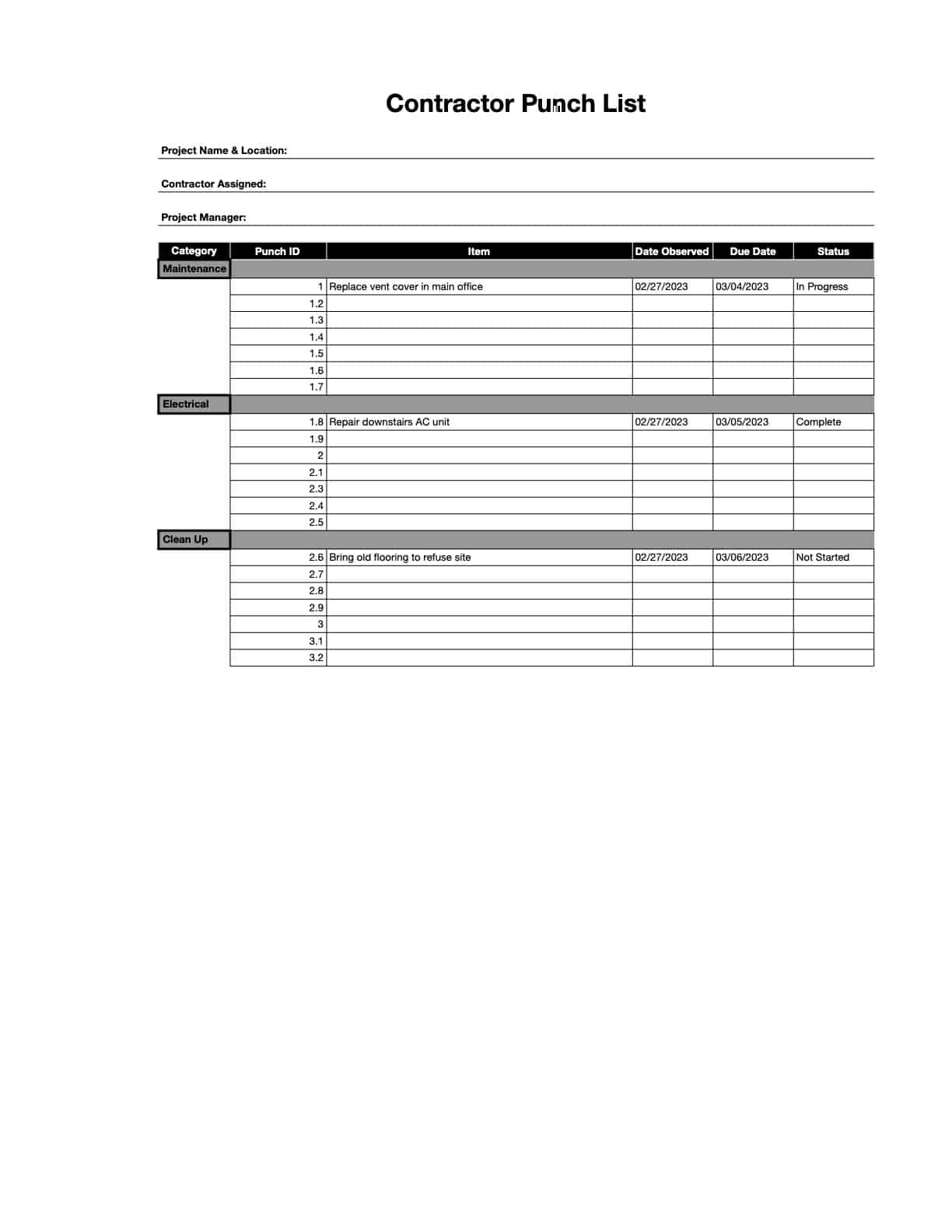 Construction Punch List Template Word