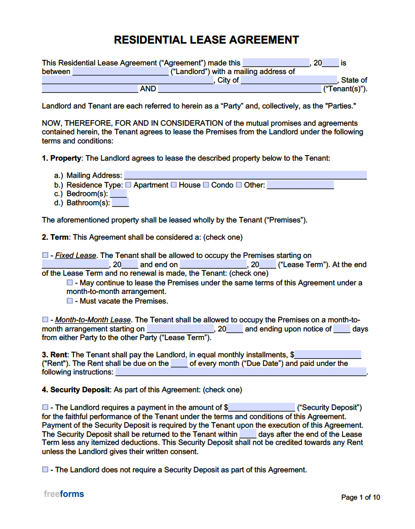 Free Blank Printable Rental Agreement