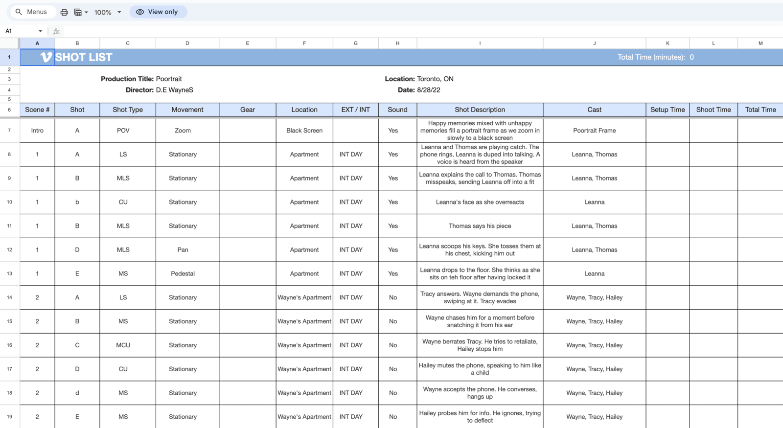 Movie Shot List Template